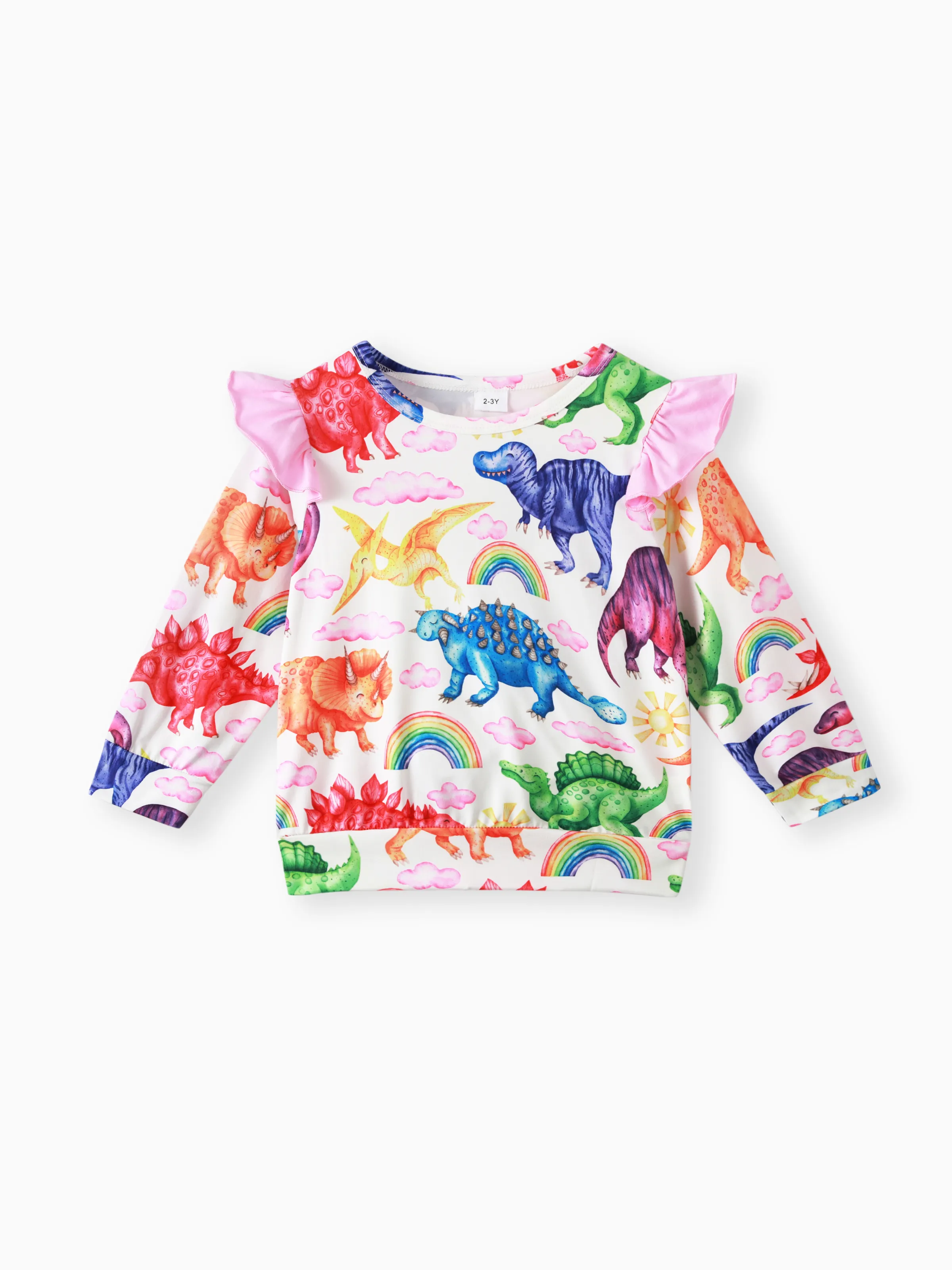 

Toddler Girl Ruffled Dinosaur Cloud Rainbow/Floral Print Long-sleeve Pullover Sweatshirt