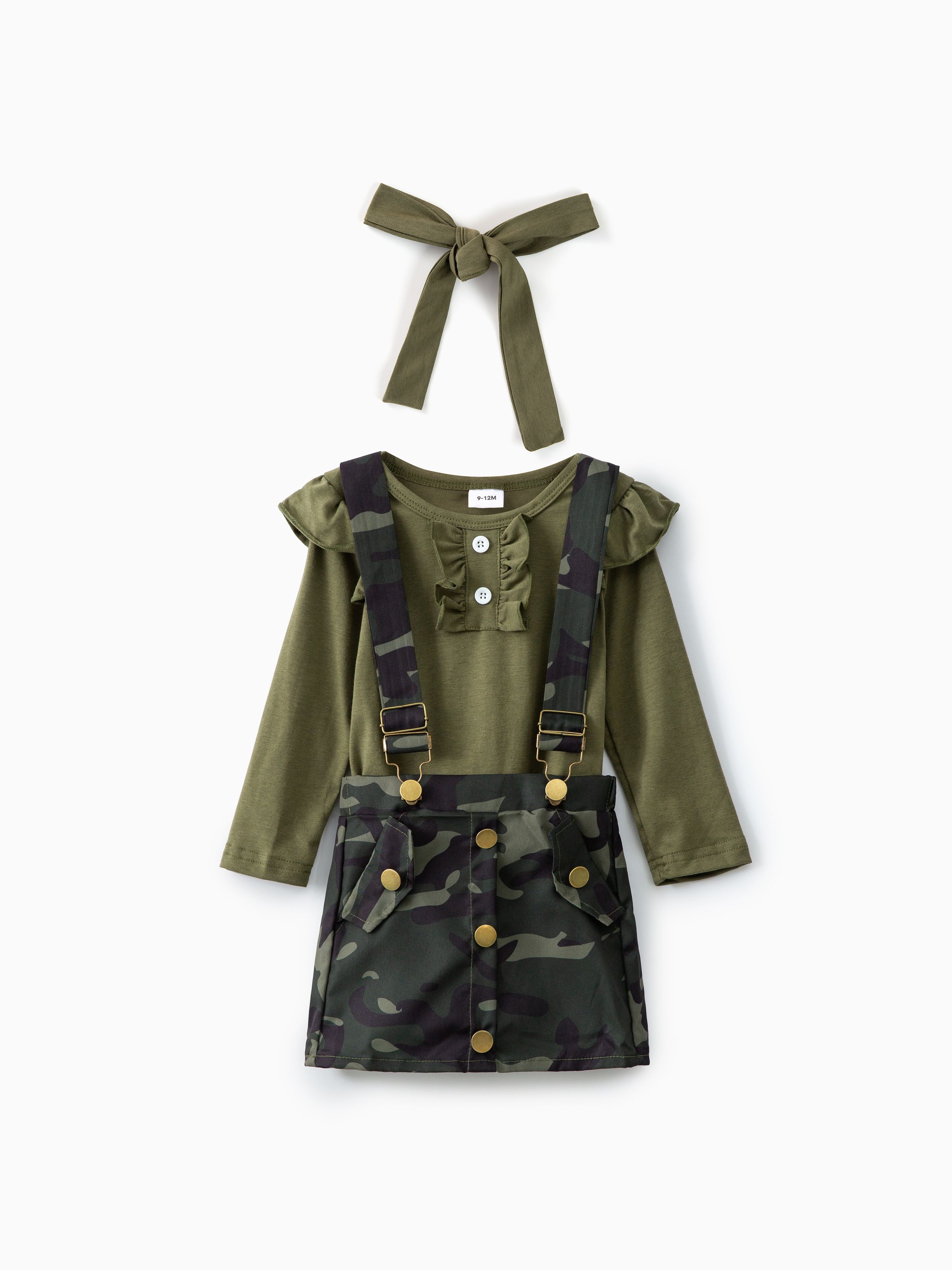 

3pcs Baby Girl Solid Ruffle Trim Long-sleeve Romper and Camouflage Suspender Skirt & Headband Set