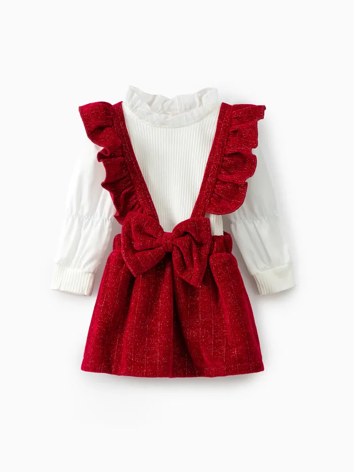 2PCS Baby Girl  Sweet Solid Color Ruffle Edge Long Sleeve Dress Set