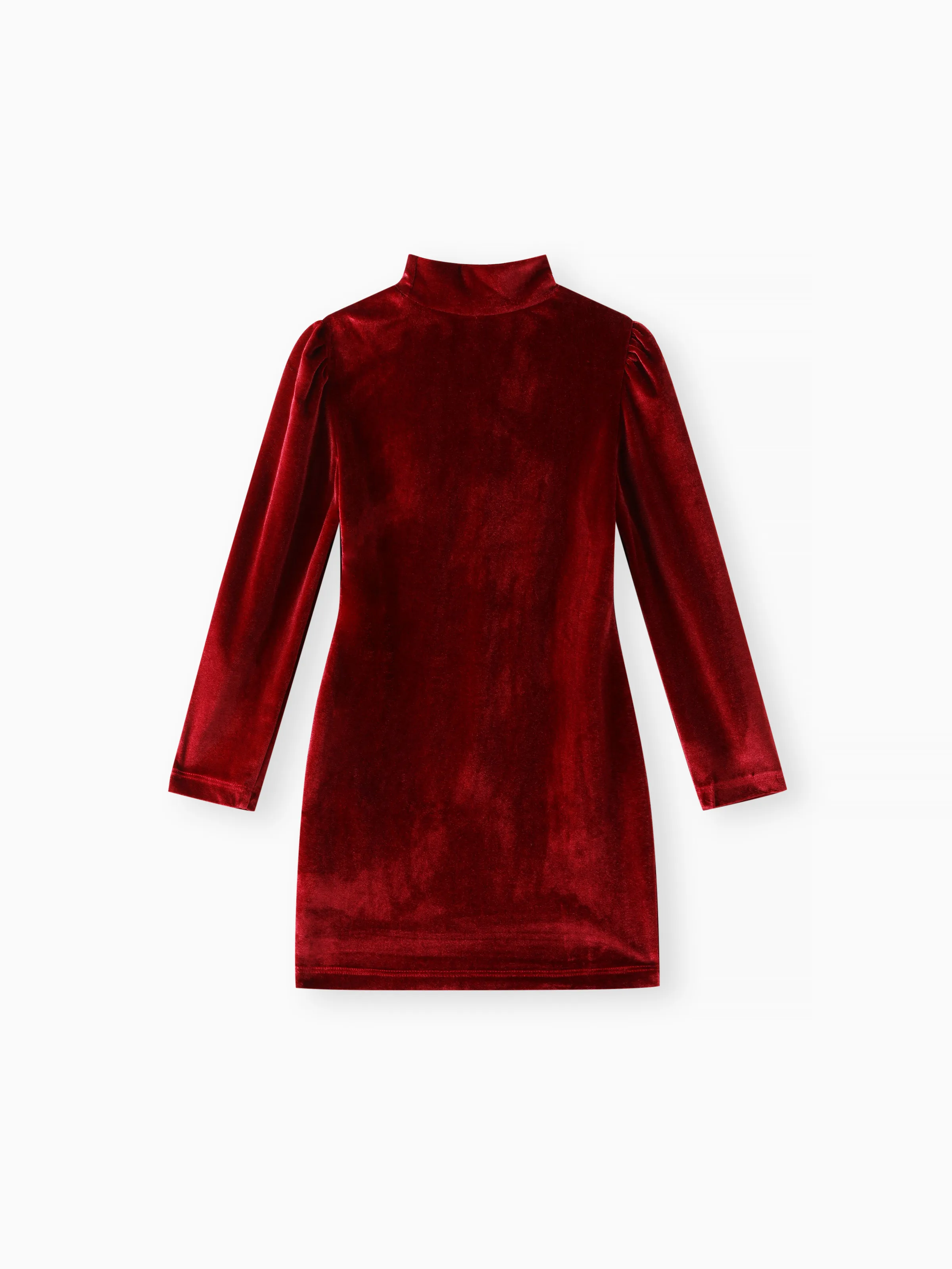 

Kid Girl Solid Color Mock Neck Puff-sleeve Velvet Dress