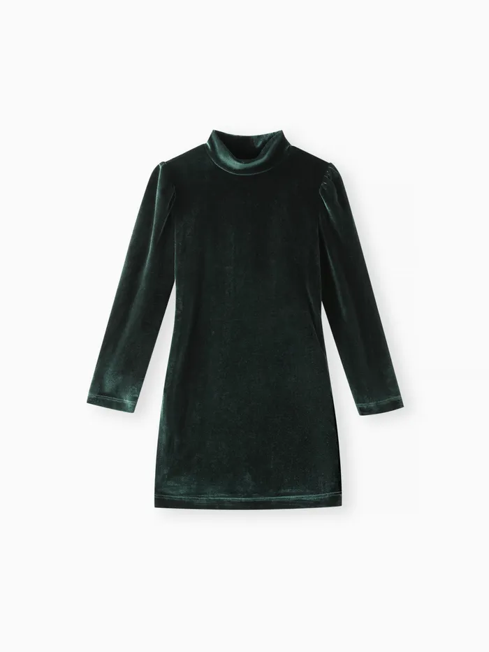 Kid Girl Solid Color Mock Neck Puff-sleeve Velvet Dress