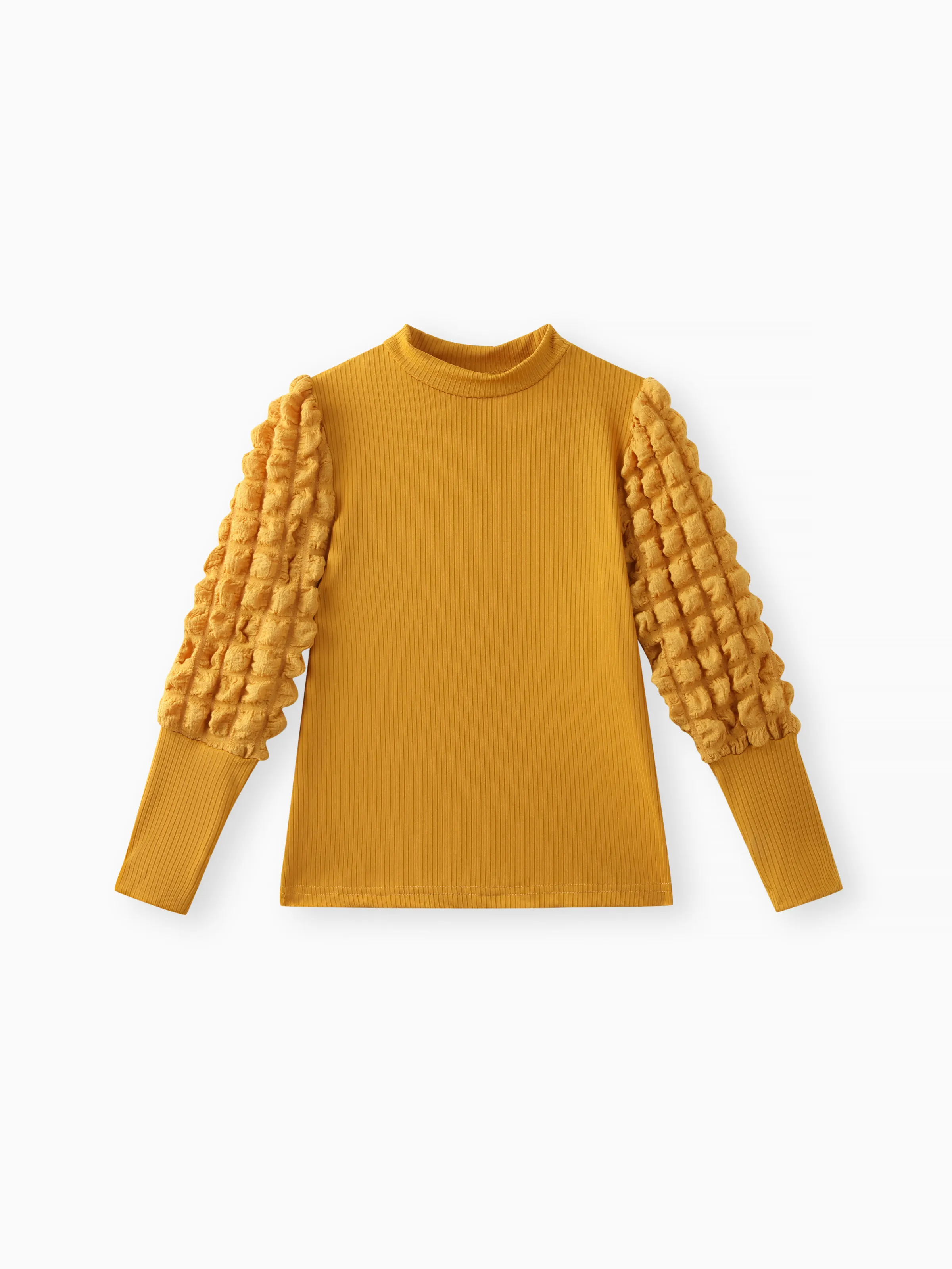 

Kid Girl Textured Long Puff-sleeve Mock Neck Solid Color Tee