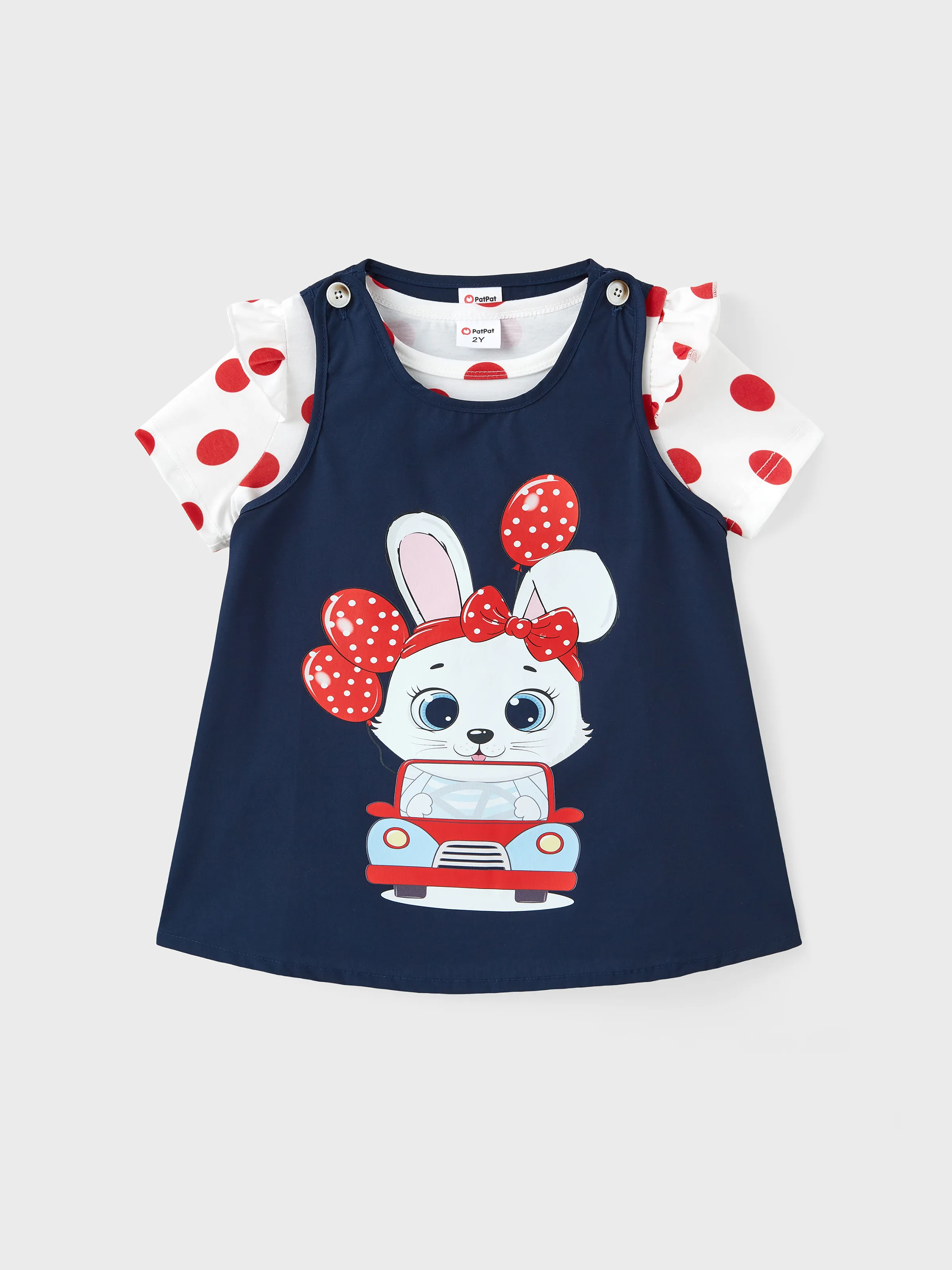 

2pcs Toddler Girl Polka Dots Print Tee and Rabbit Print Dress Set