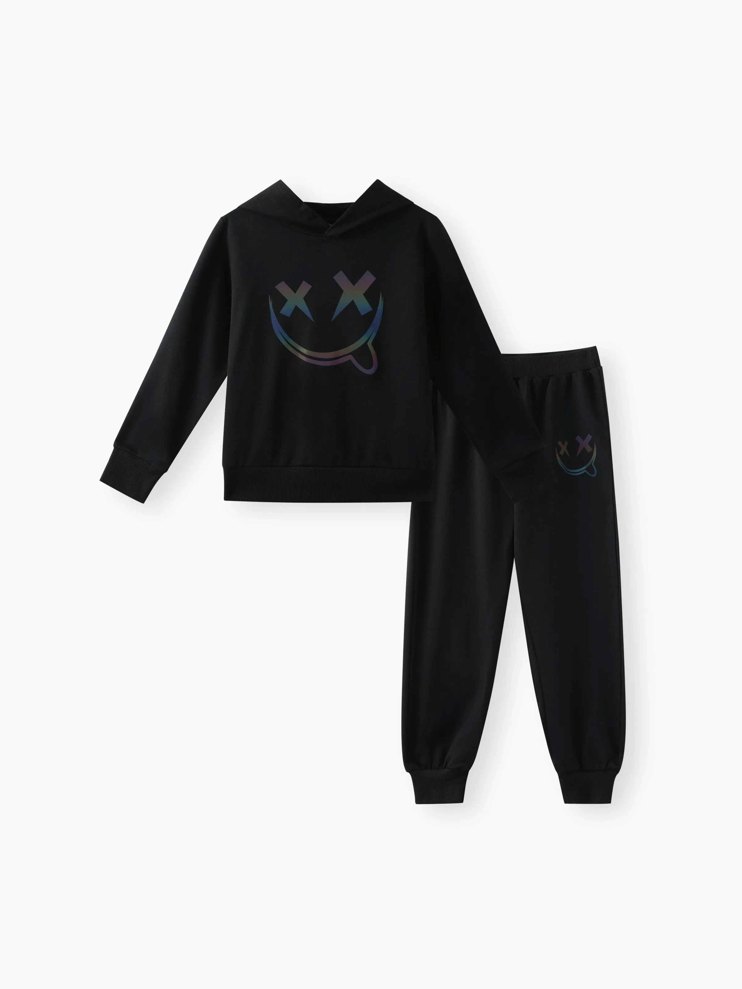 

2pcs Kid Boy Reflective Face Graphic Print Black Hoodie Sweatshirt and Pants Set