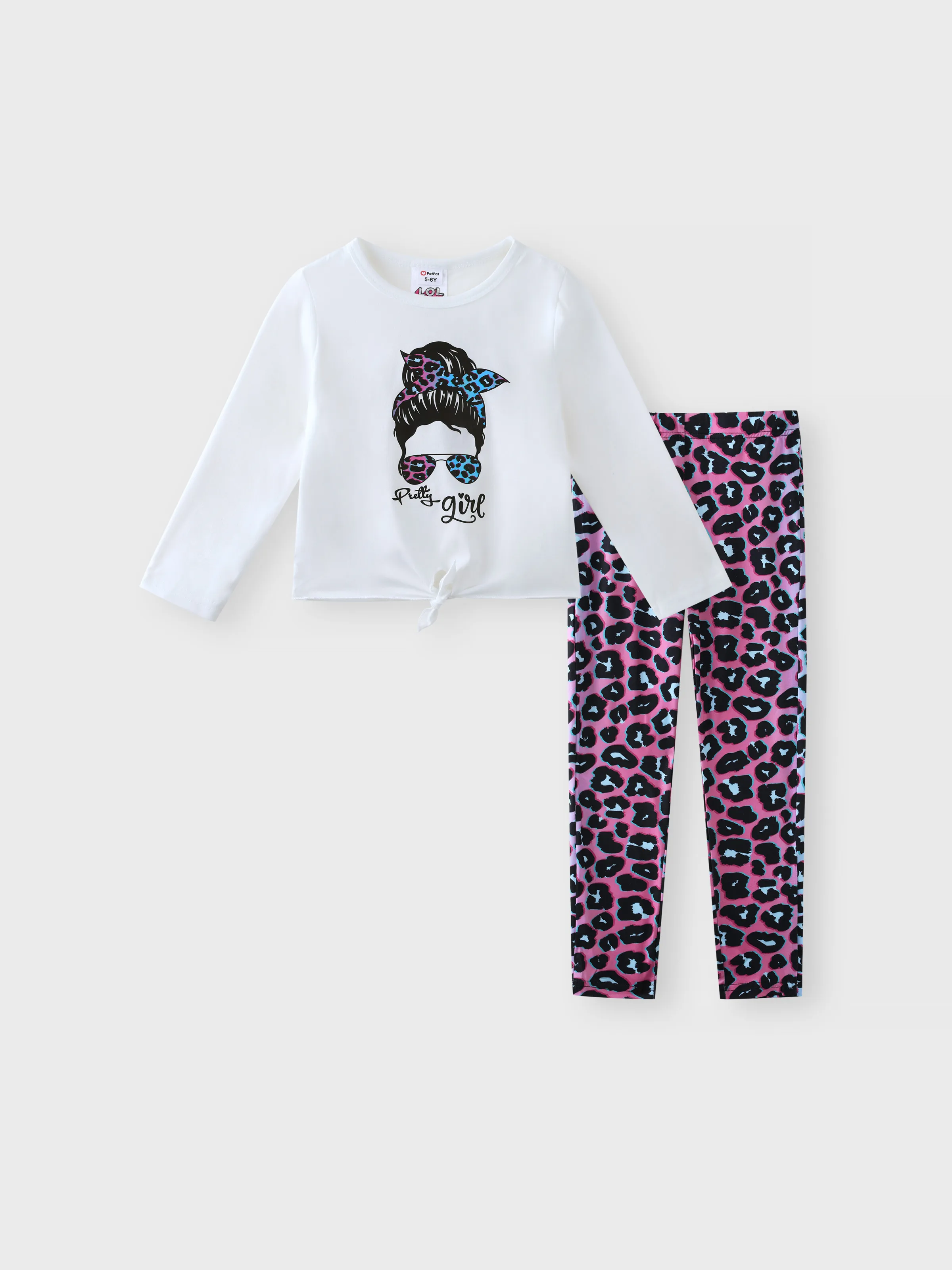 

2pcs Kid Girl Cartoon Print Tie Knot Long-sleeve Tee and Leopard Print Leggings Set