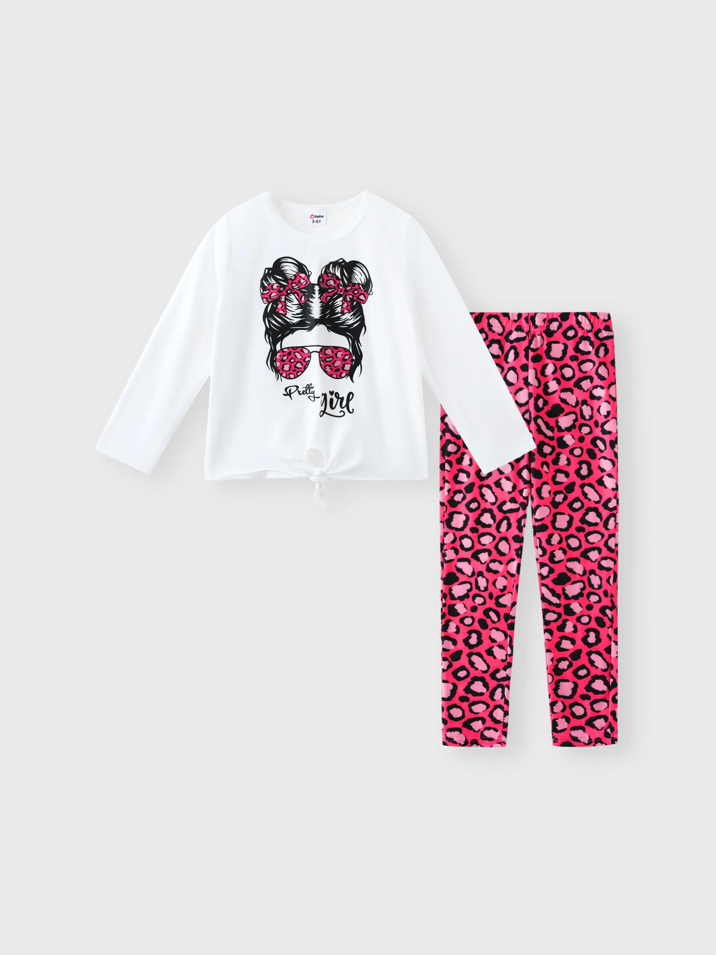 

2pcs Kid Girl Cartoon Print Tie Knot Long-sleeve Tee and Leopard Print Leggings Set