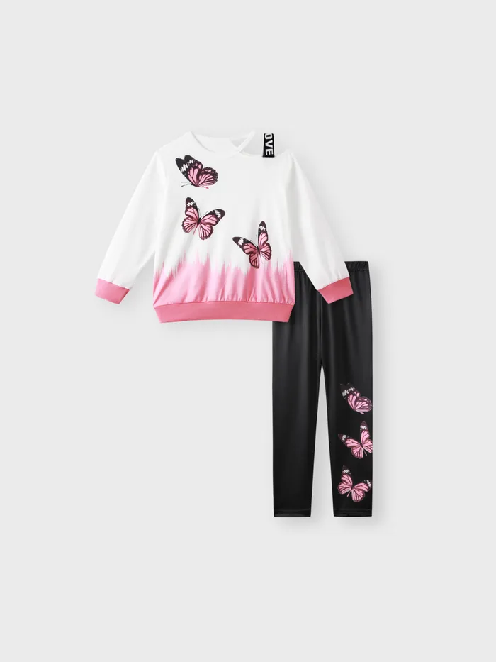 2pcs Kid Girl Butterfly Print Colorblock Cut Out Sweatshirt and Elasticized Leggings Set