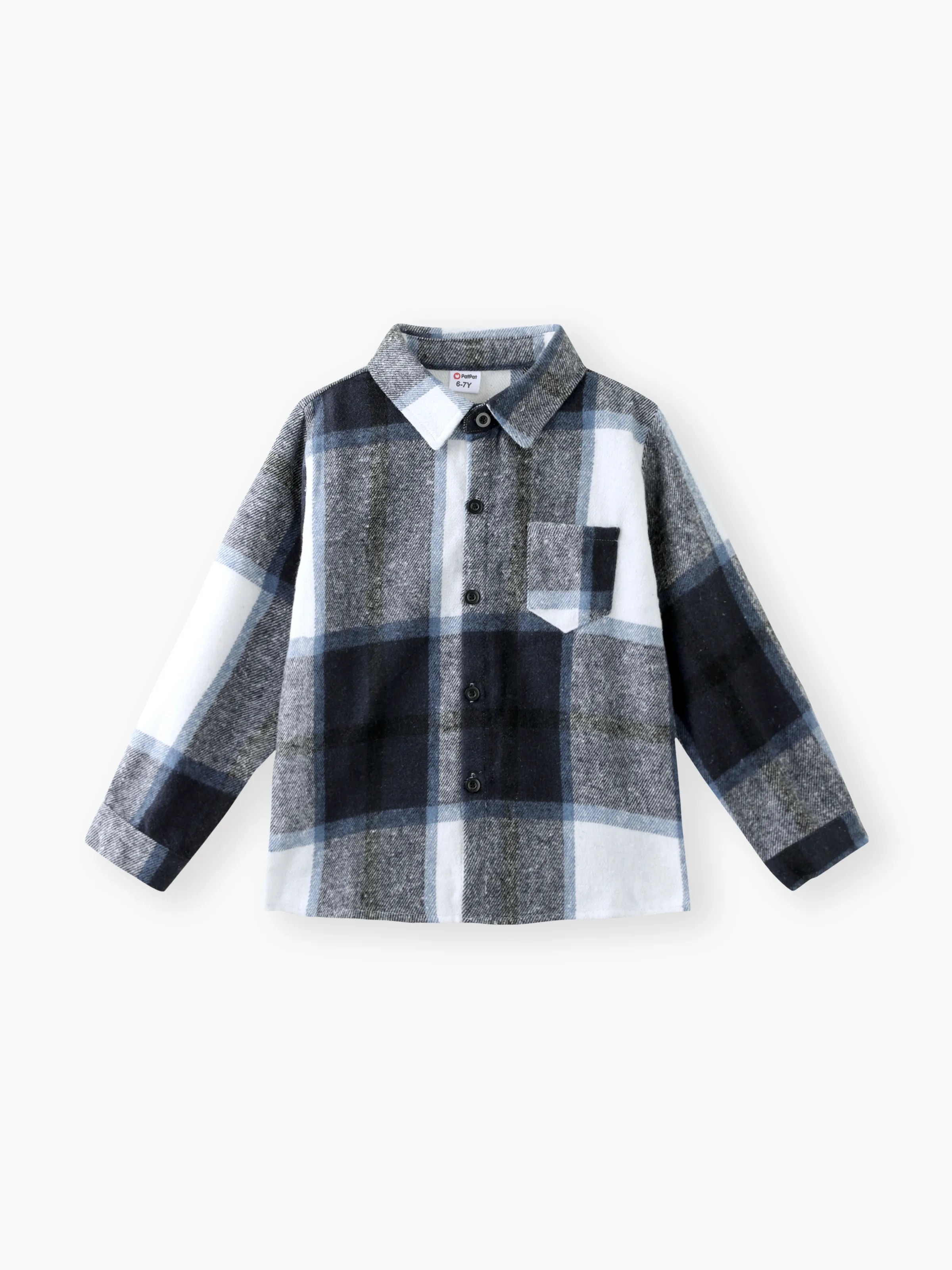 Kid Boy Lapel Collar Button Design Long-sleeve Plaid Shirt