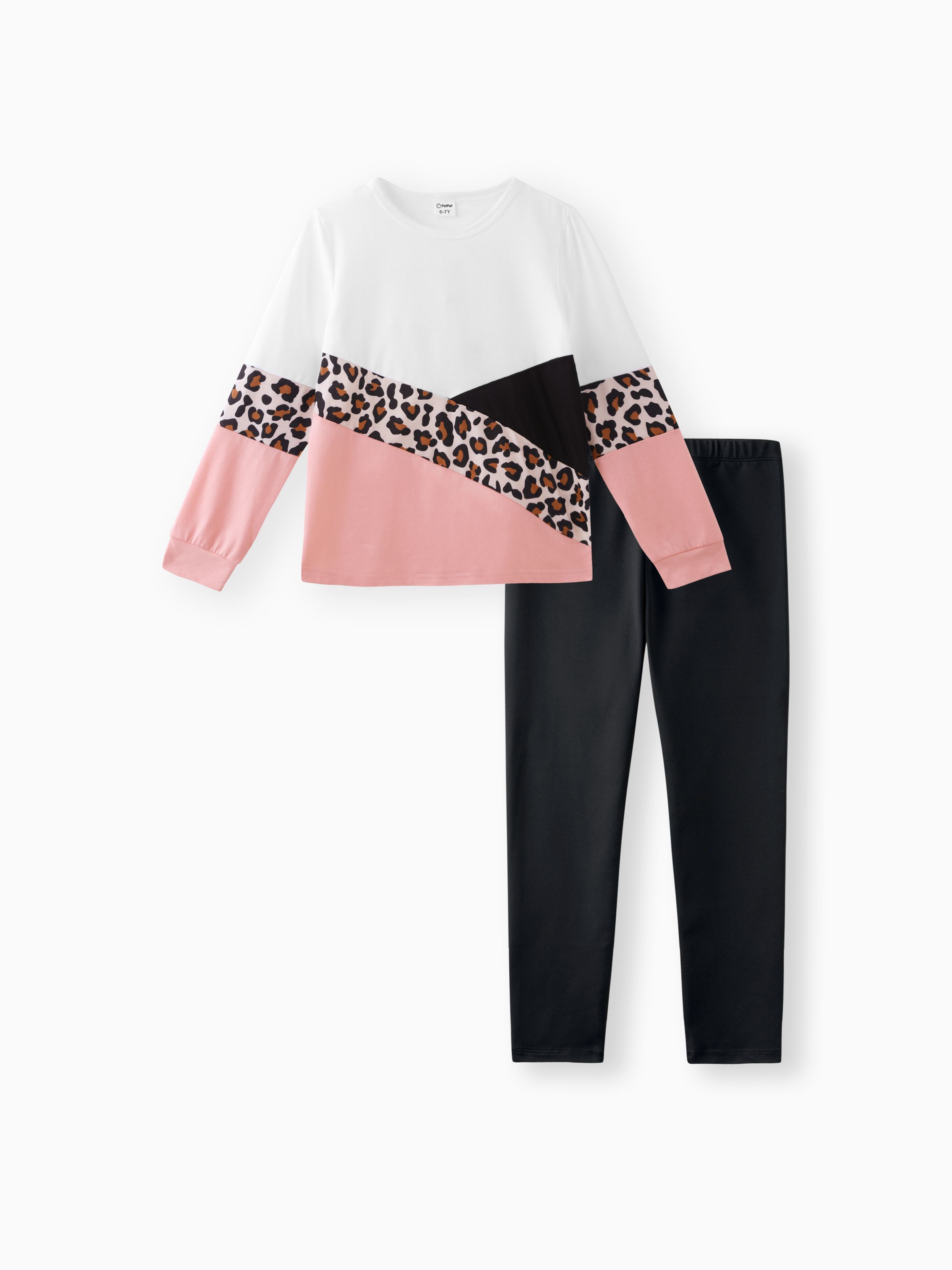 

2pcs Kid Girl Leopard Print Colorblock Long-sleeve Tee and Black Leggings Set