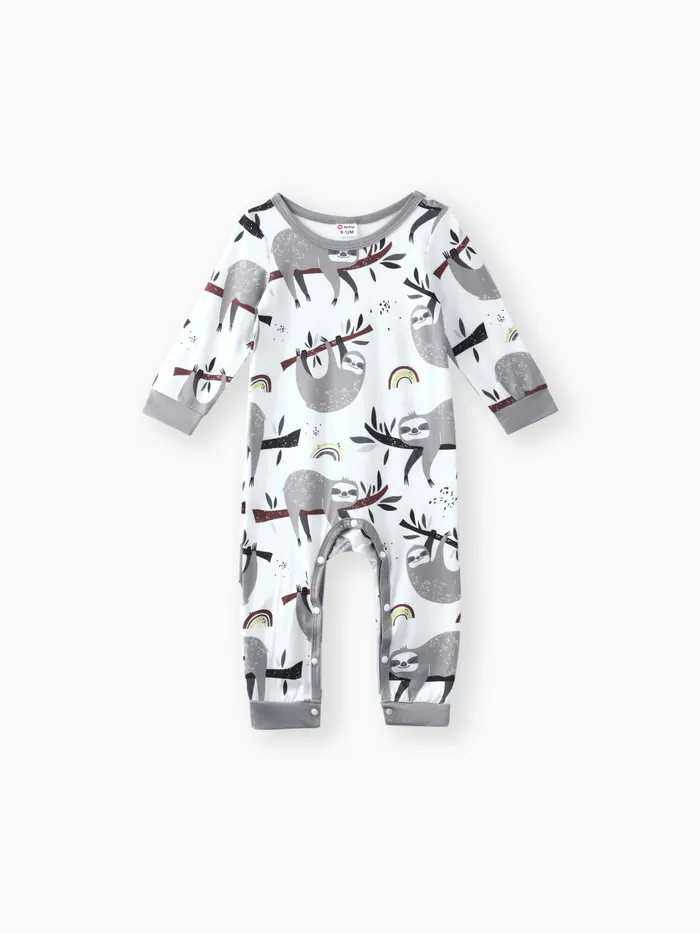 Baby Boy All Over Cartoon Sloth Print White Long-sleeve Jumpsuit