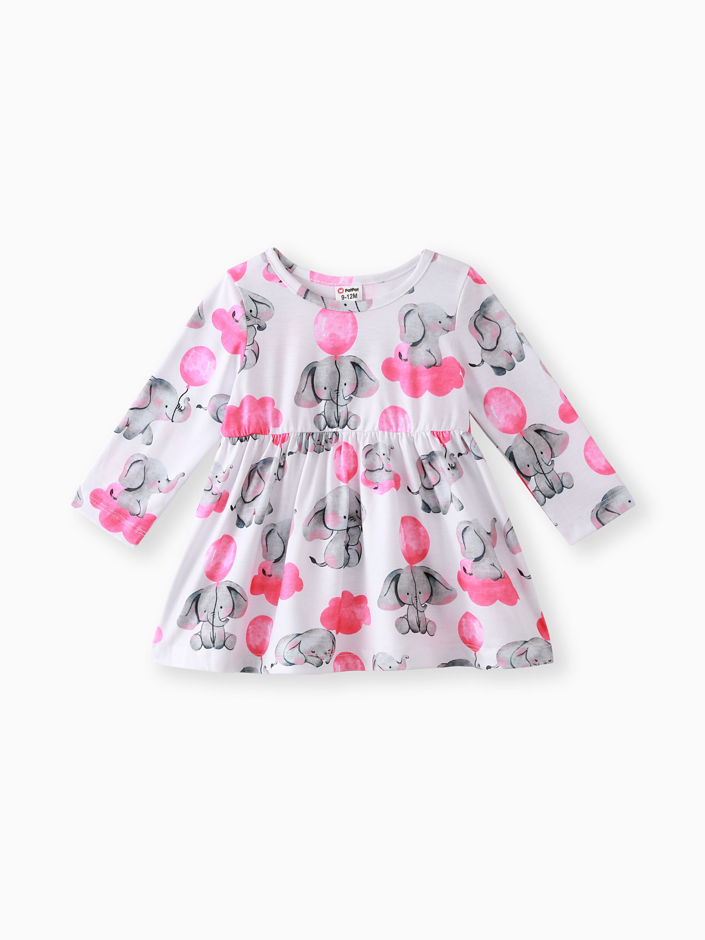 

Baby Girl All Over Cartoon Elephant and Pink Balloon Print Long-sleeve Dress