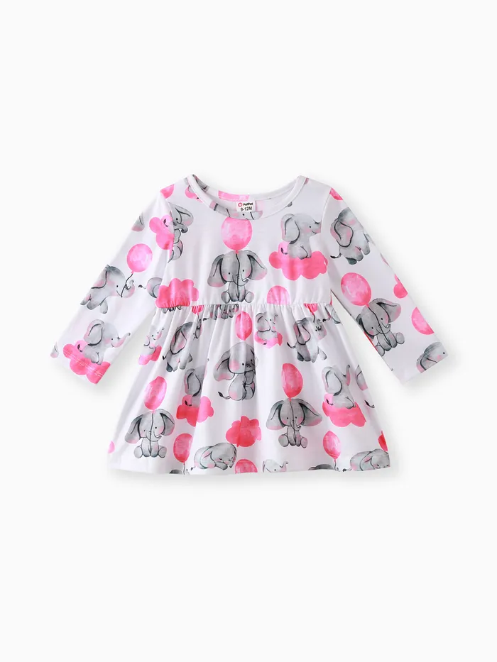 Baby Girl All Over Cartoon Elephant and Pink Balloon Print Long-sleeve Dress