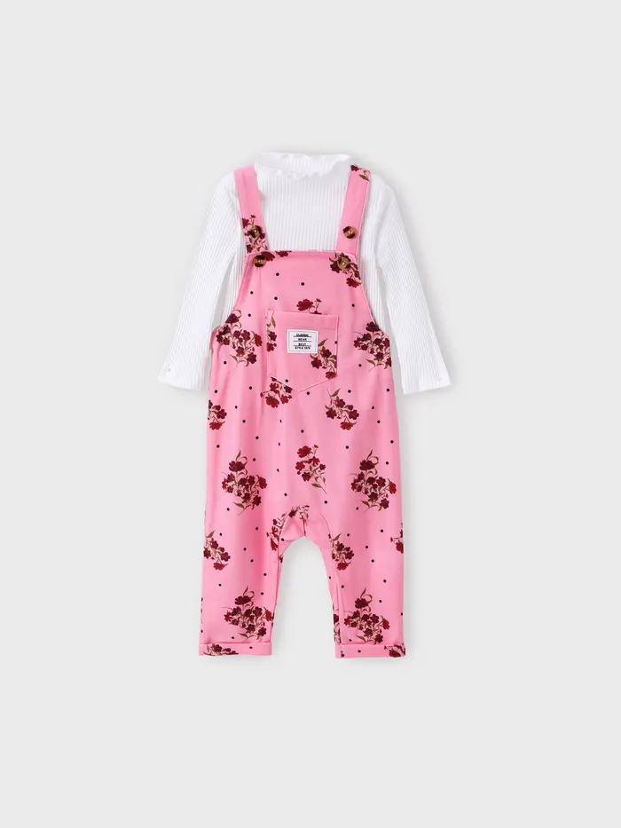 Baby Girl 2pcs Ruffle Collar Tee and Floral Print Overalls Set