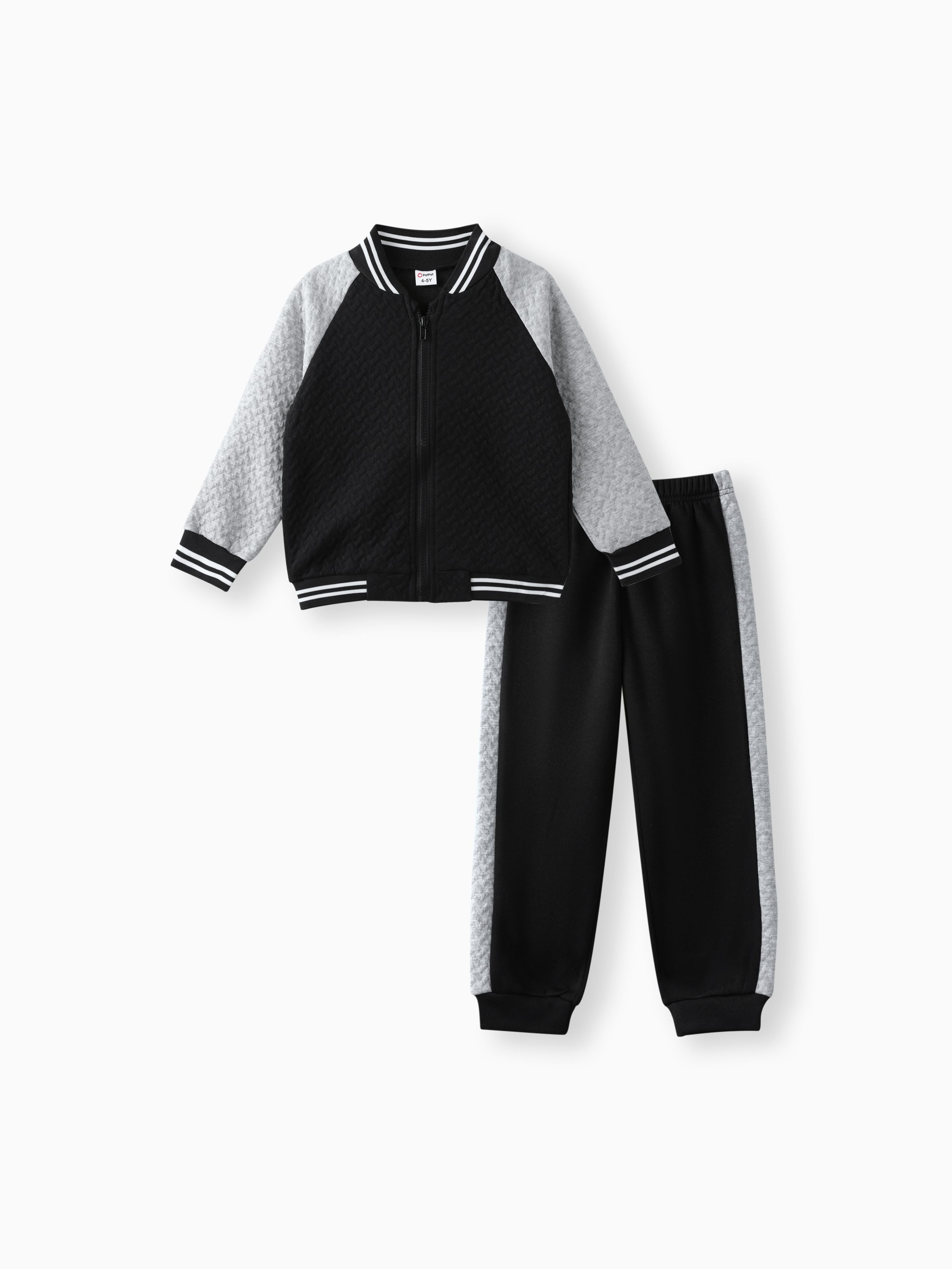 

2-piece Kid Boy Textured Colorblock Striped Zipper Bomber Jacket and Pants Casual Set