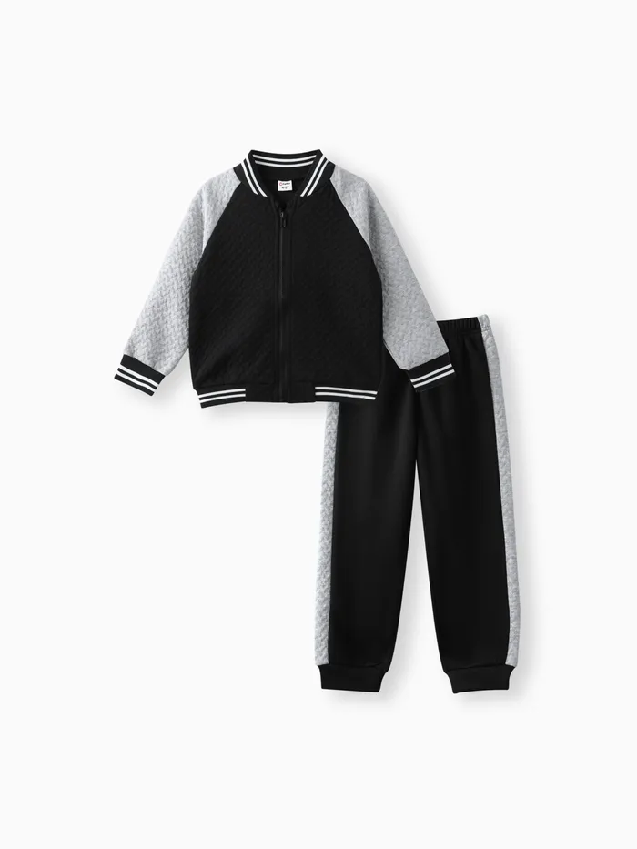 2-piece Kid Boy Textured Colorblock Striped Zipper Bomber Jacket and Pants Casual Set