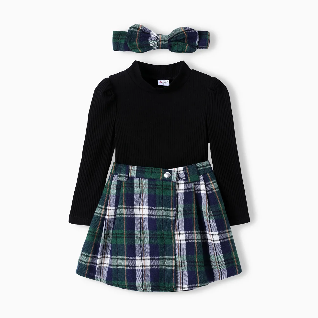 Toddler Girl 3pcs Classic Long-Sleeve Tee and Grid Skirt Set with Headband