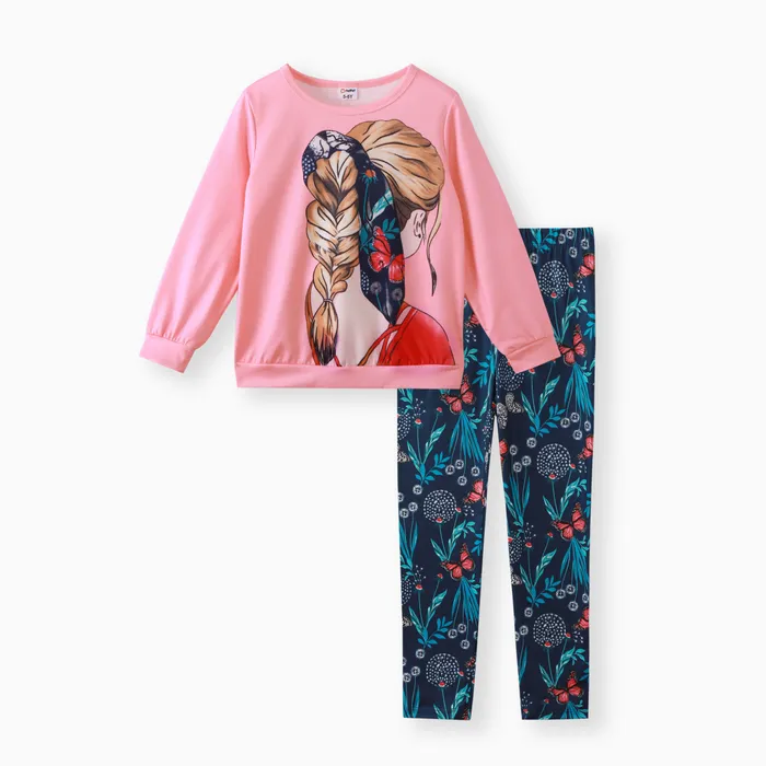 2pcs Kid Girl Figure Print Pink Sweatshirt and Floral Print Leggings Set