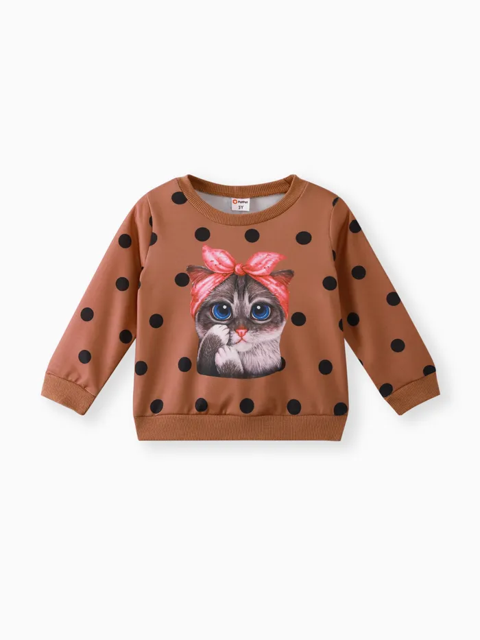 Toddler Girl Animal Cat Print Polka dots Brown Pullover Sweatshirt