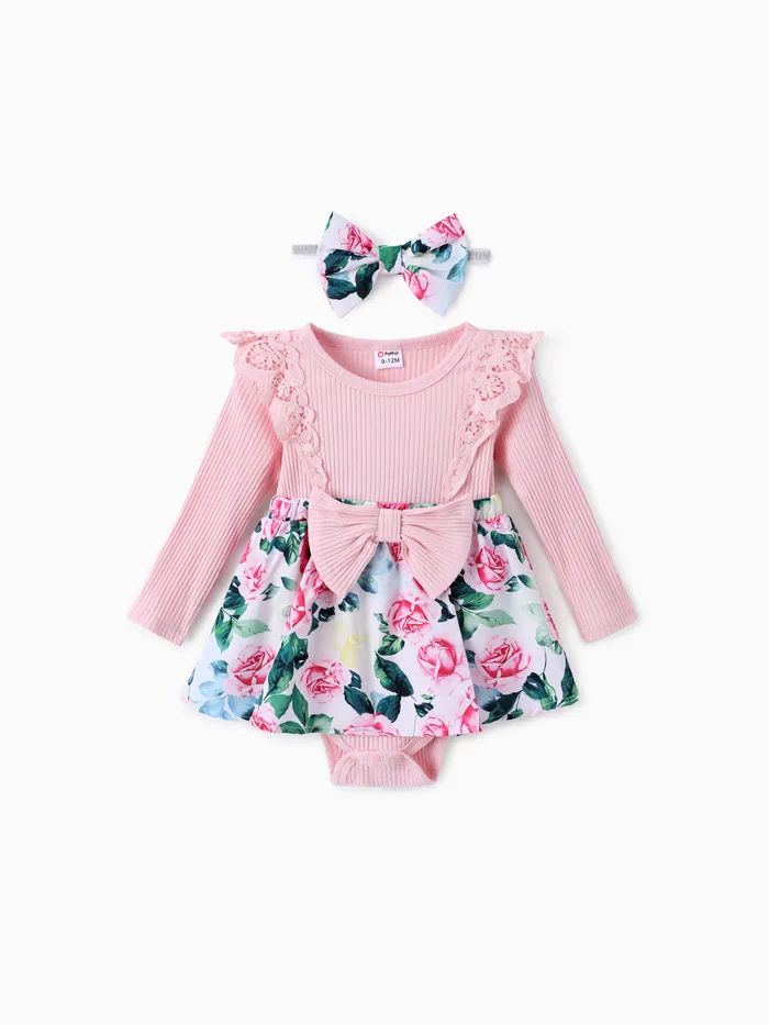 Baby Girl Floral Print Ruffled Romper with Headband