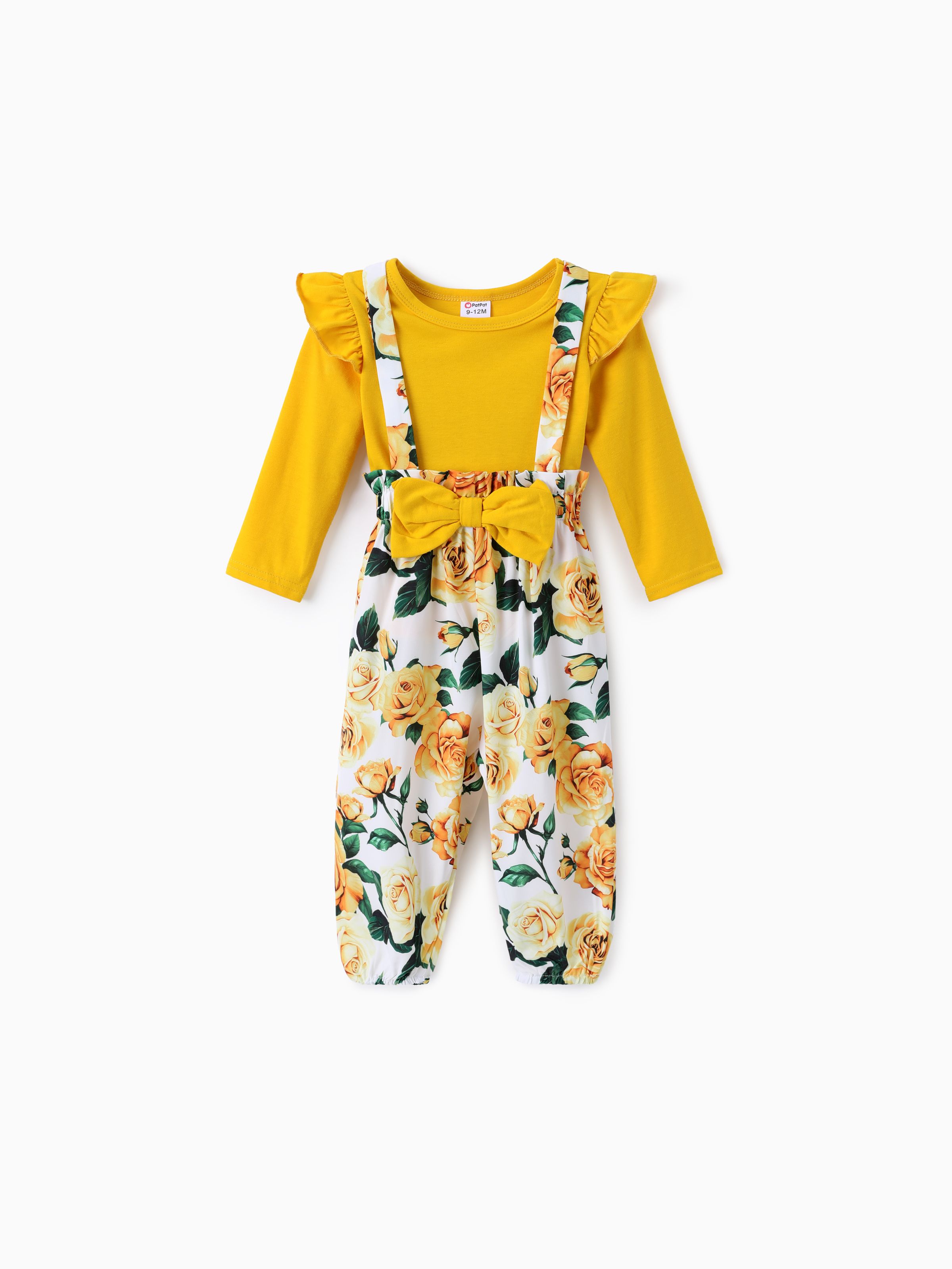 

Baby Girl 2pcs Sweet Flutter-sleeve Tee and Floral Print Overalls Set