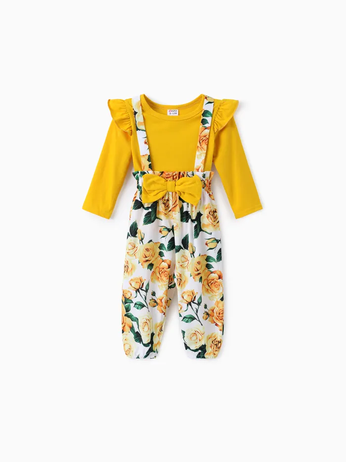 Baby Girl 2pcs Sweet Flutter-sleeve Tee and Floral Print Overalls Set