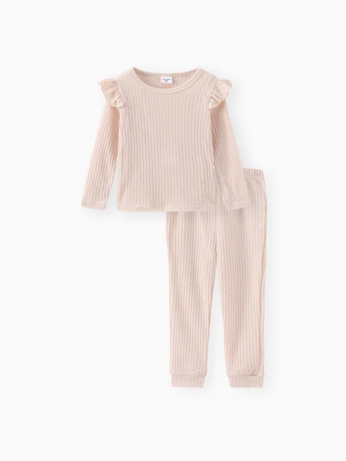 2-piece Toddler Girl Ruffled Textured Long-sleeve Top and Solid Color Pants Set