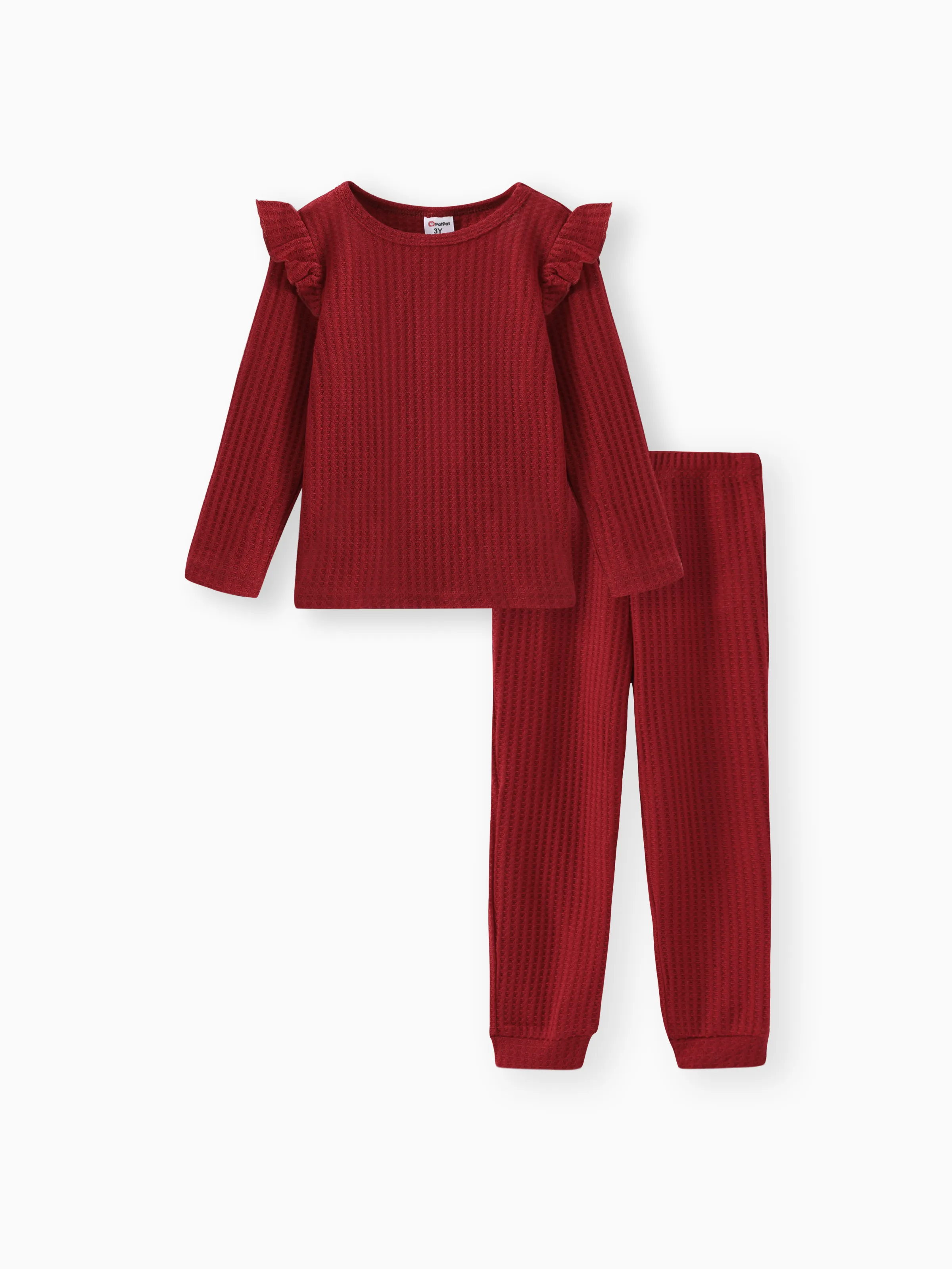 

2-piece Toddler Girl Ruffled Textured Long-sleeve Top and Solid Color Pants Set