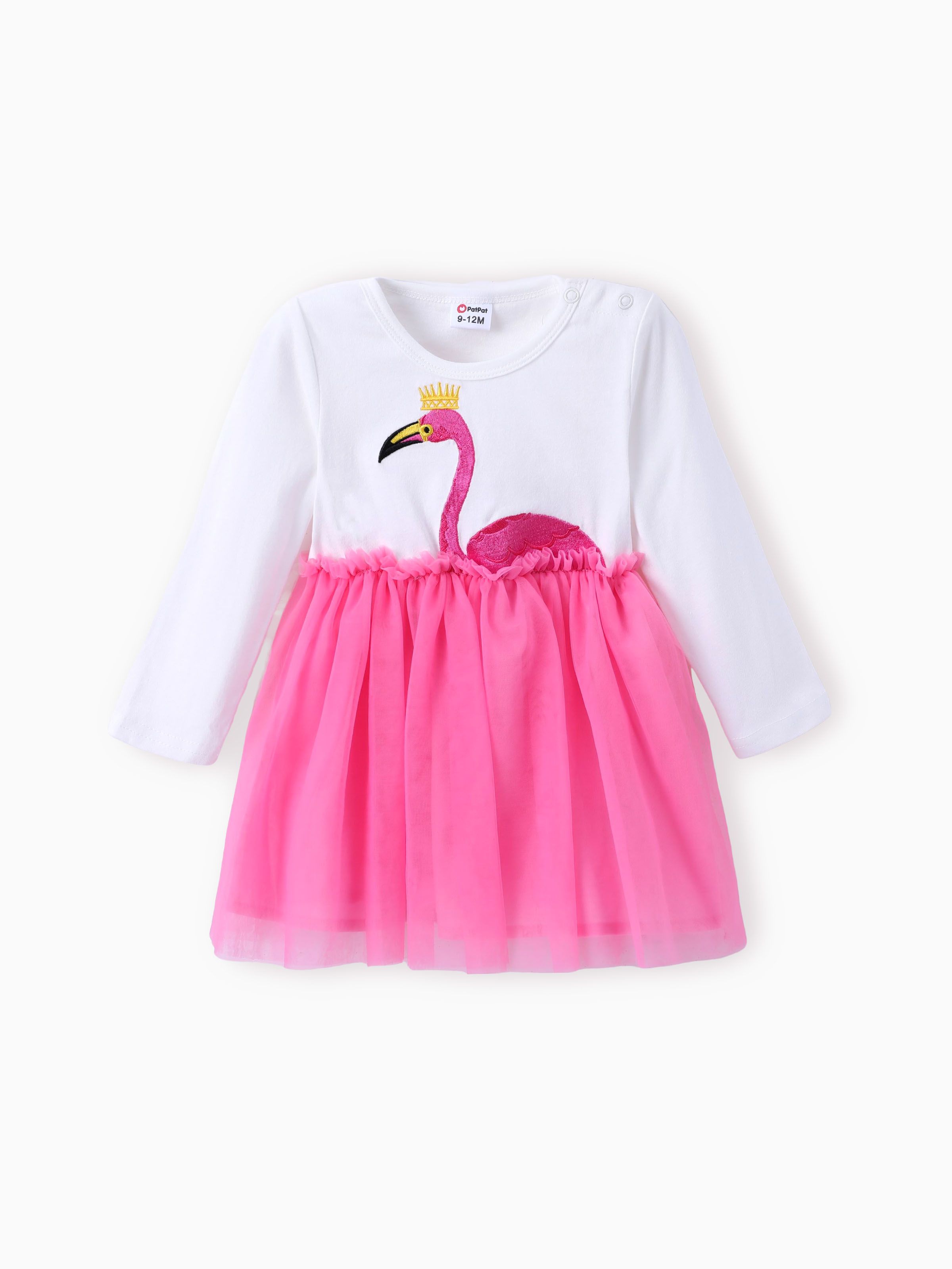 

Baby Girl Flamingo Embroidered Mesh Splice Dress