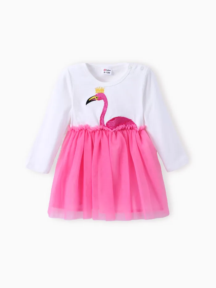 Vestido de Emenda de Malha Bordado Flamingo para Bebê Menina