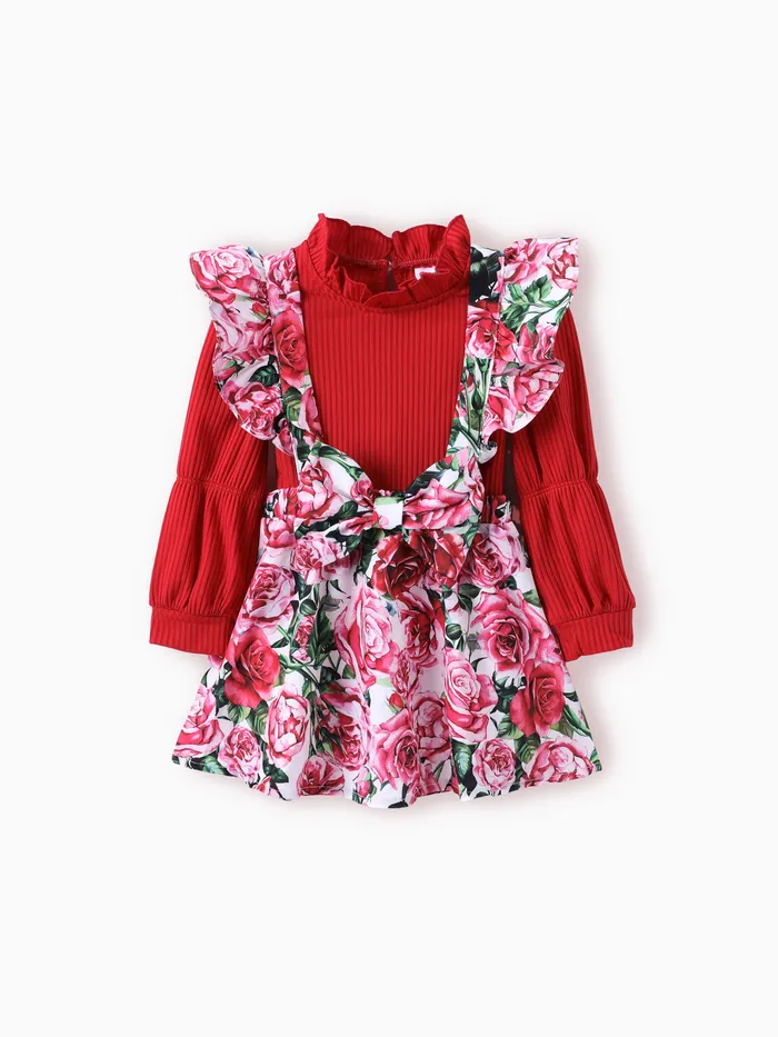 بدلة لطيفة مؤلفة من 2 قطعة للفتيات - فستان بنمط وردة كبيرة، فستان بوليستر و سباندكس طويل الأكمام للأ