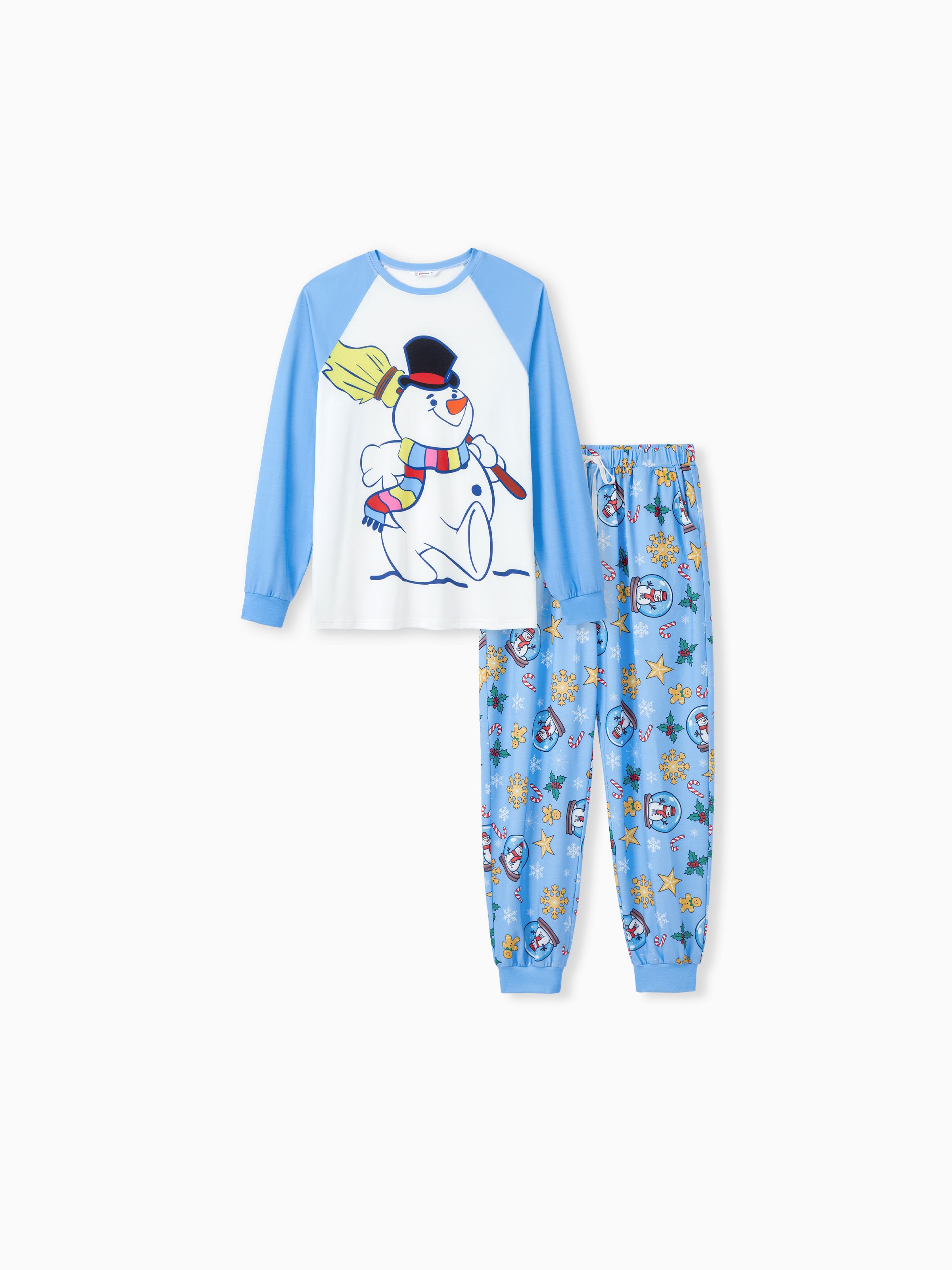 

Christmas Family Matching Blue Raglan Sleeves Snowman Graphic Pajamas Sets with Drawstring and Pockets (Flame Resistant)
