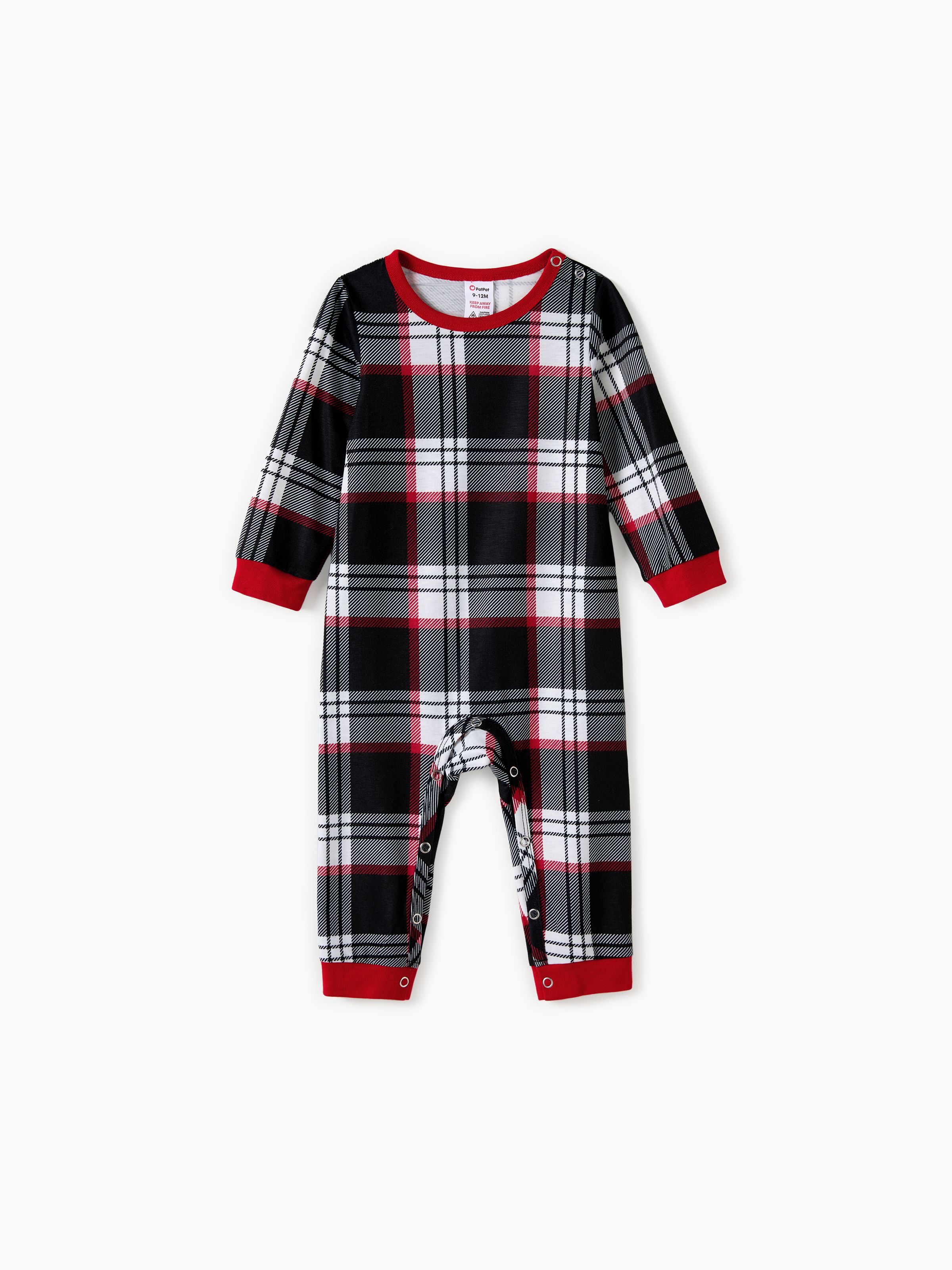 

Christmas Family Matching Black Raglan Sleeves Red Cuffs Reindeer Graphic Plaid Pants Pajamas Sets with Drawstring and Pockets (Flame Resistant)