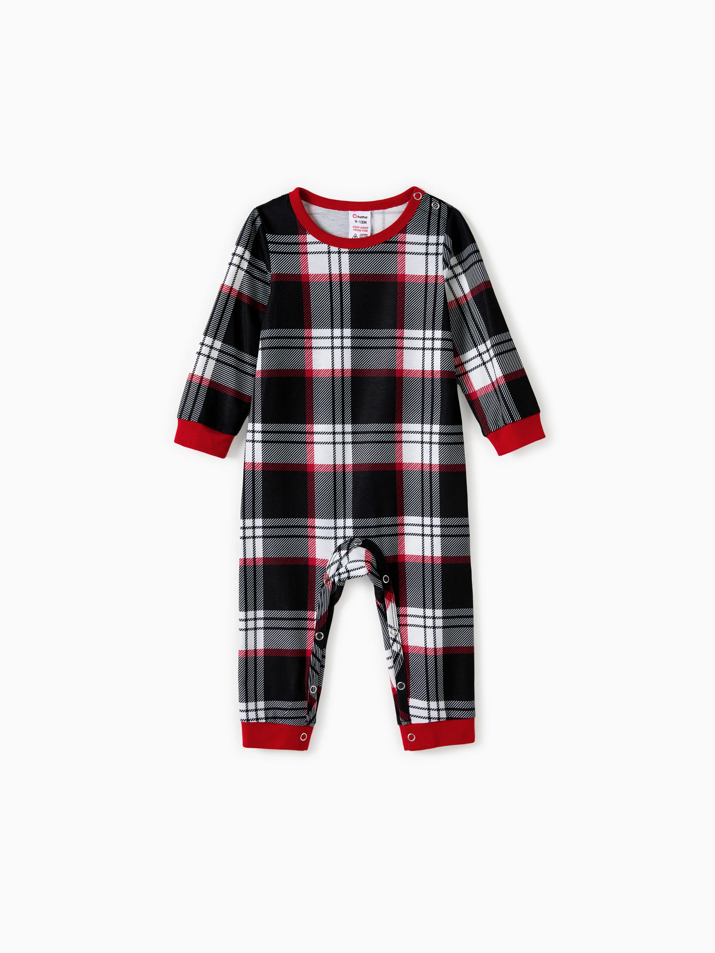 

Christmas Family Matching Black Raglan Sleeves Red Cuffs Reindeer Graphic Plaid Pants Pajamas Sets with Drawstring and Pockets