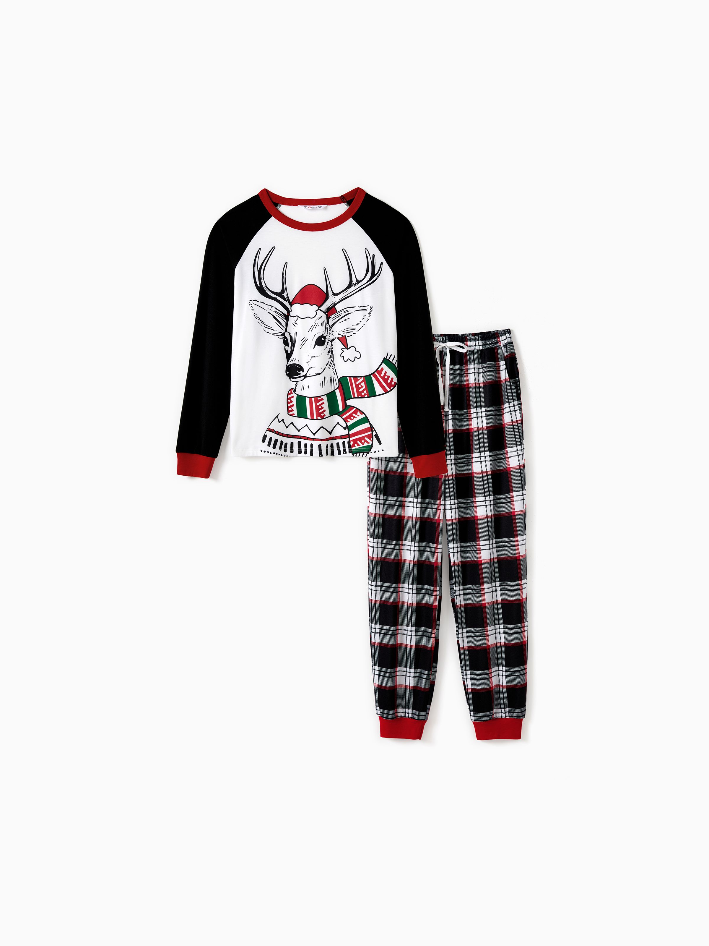 

Christmas Family Matching Black Raglan Sleeves Red Cuffs Reindeer Graphic Plaid Pants Pajamas Sets with Drawstring and Pockets (Flame Resistant)