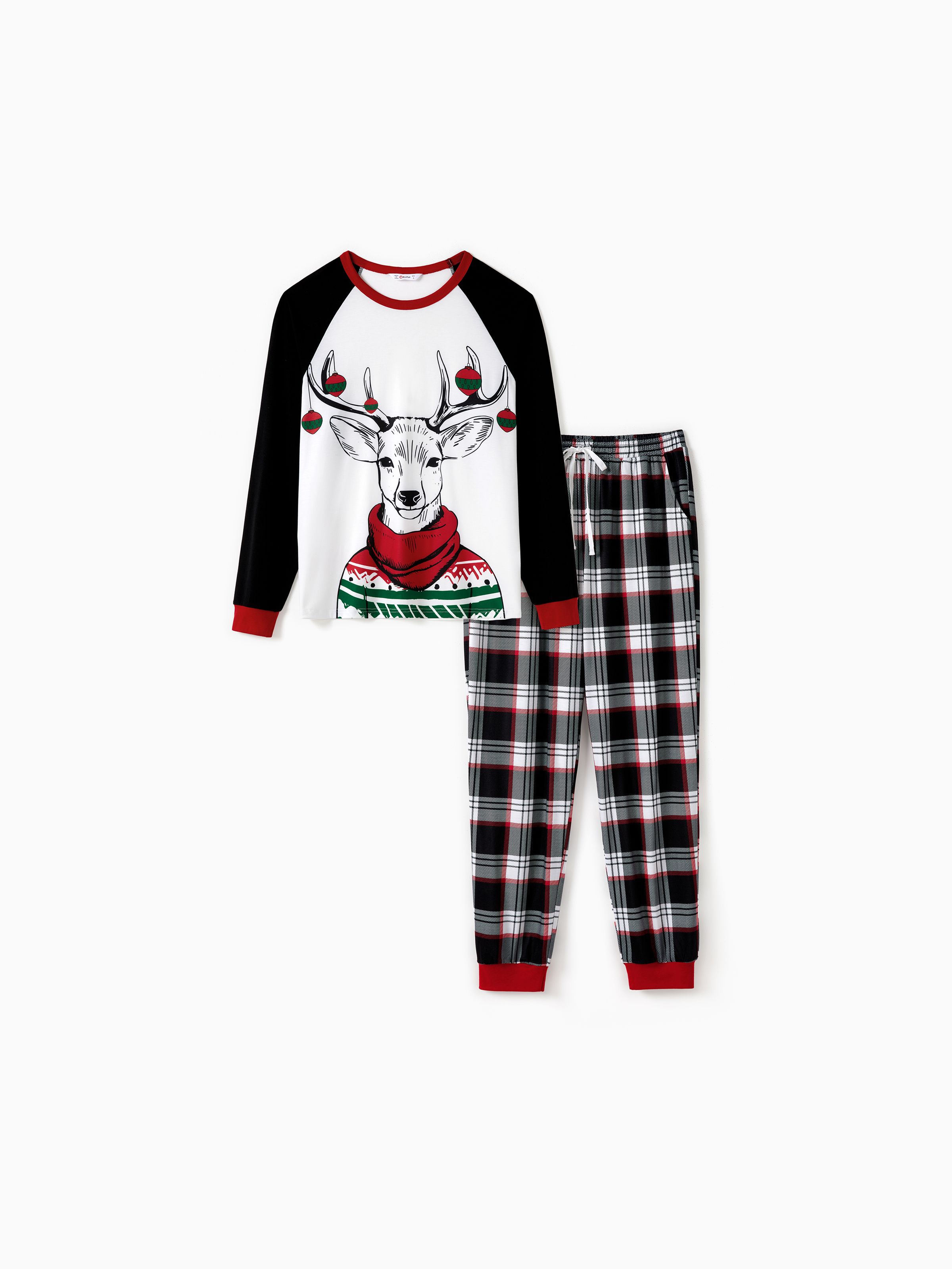 

Christmas Family Matching Black Raglan Sleeves Red Cuffs Reindeer Graphic Plaid Pants Pajamas Sets with Drawstring and Pockets (Flame Resistant)