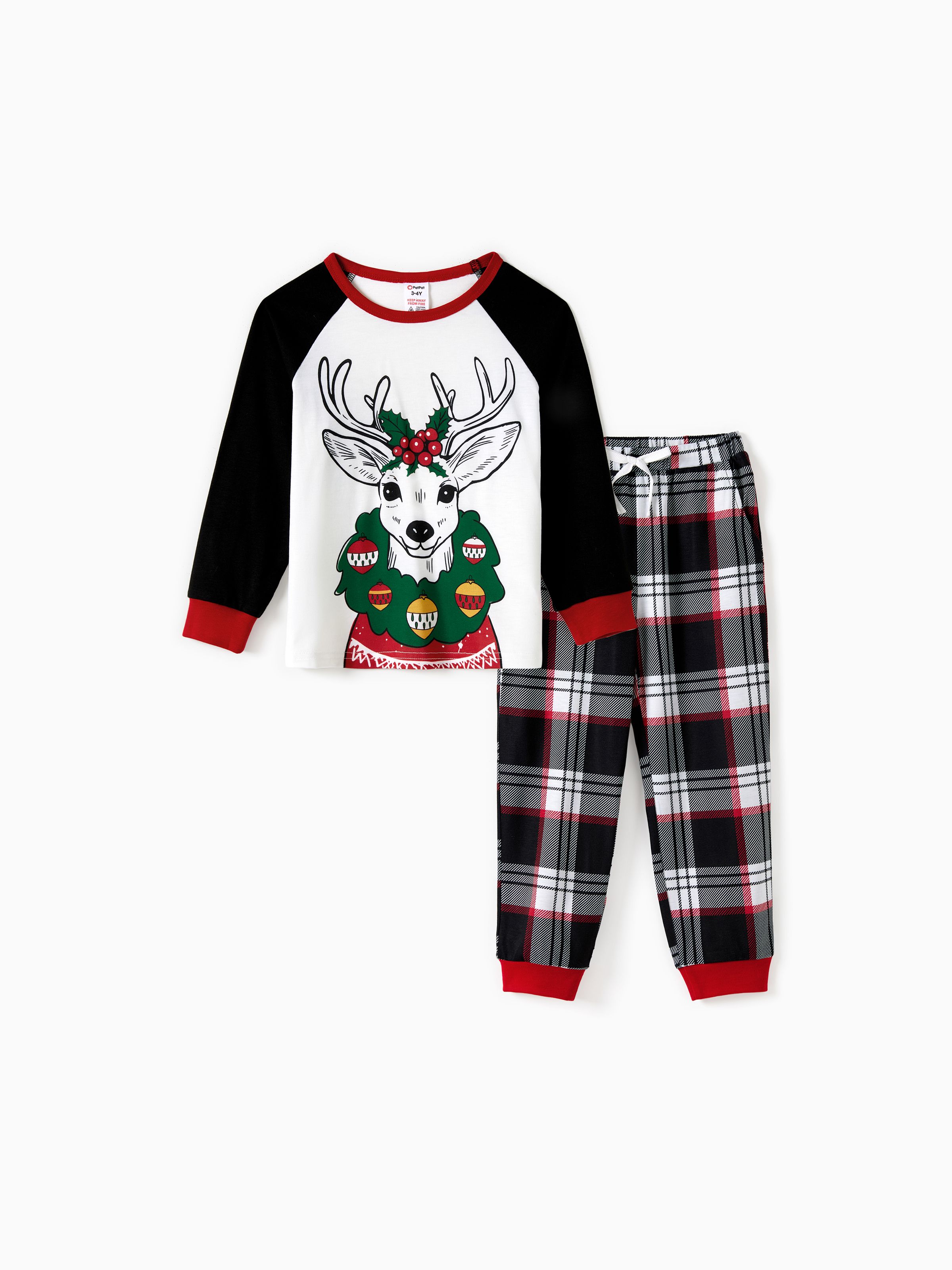 

Christmas Family Matching Black Raglan Sleeves Red Cuffs Reindeer Graphic Plaid Pants Pajamas Sets with Drawstring and Pockets (Flame Resistant)