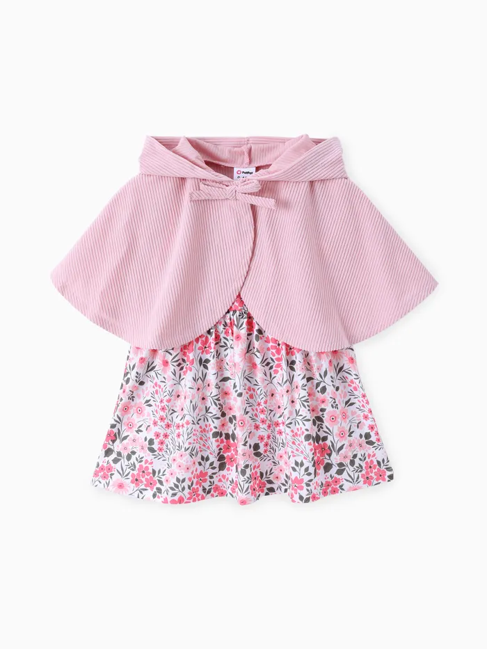 Conjunto de Vestido de Cardigã Sólido e Estampa Floral para Bebê Menina 2pcs