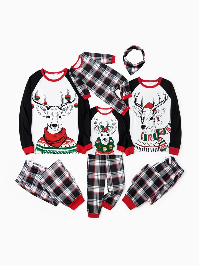 Christmas Family Matching Black Raglan Sleeves Red Cuffs Reindeer Graphic Plaid Pants Pajamas Sets with Drawstring and Pockets