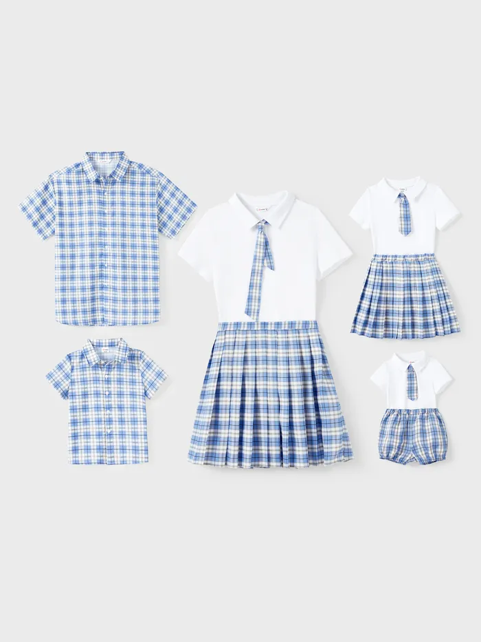 Família Combinando Conjuntos Preppy Estilo Azul Camisa xadrez ou uniforme escolar Vibe Co-ord Set com gravata