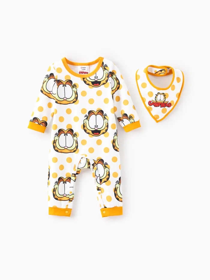Garfield Baby Boy/Girl 2pcs Polka Dot Long-sleeve Jumpsuit with Drool Bibs Set
