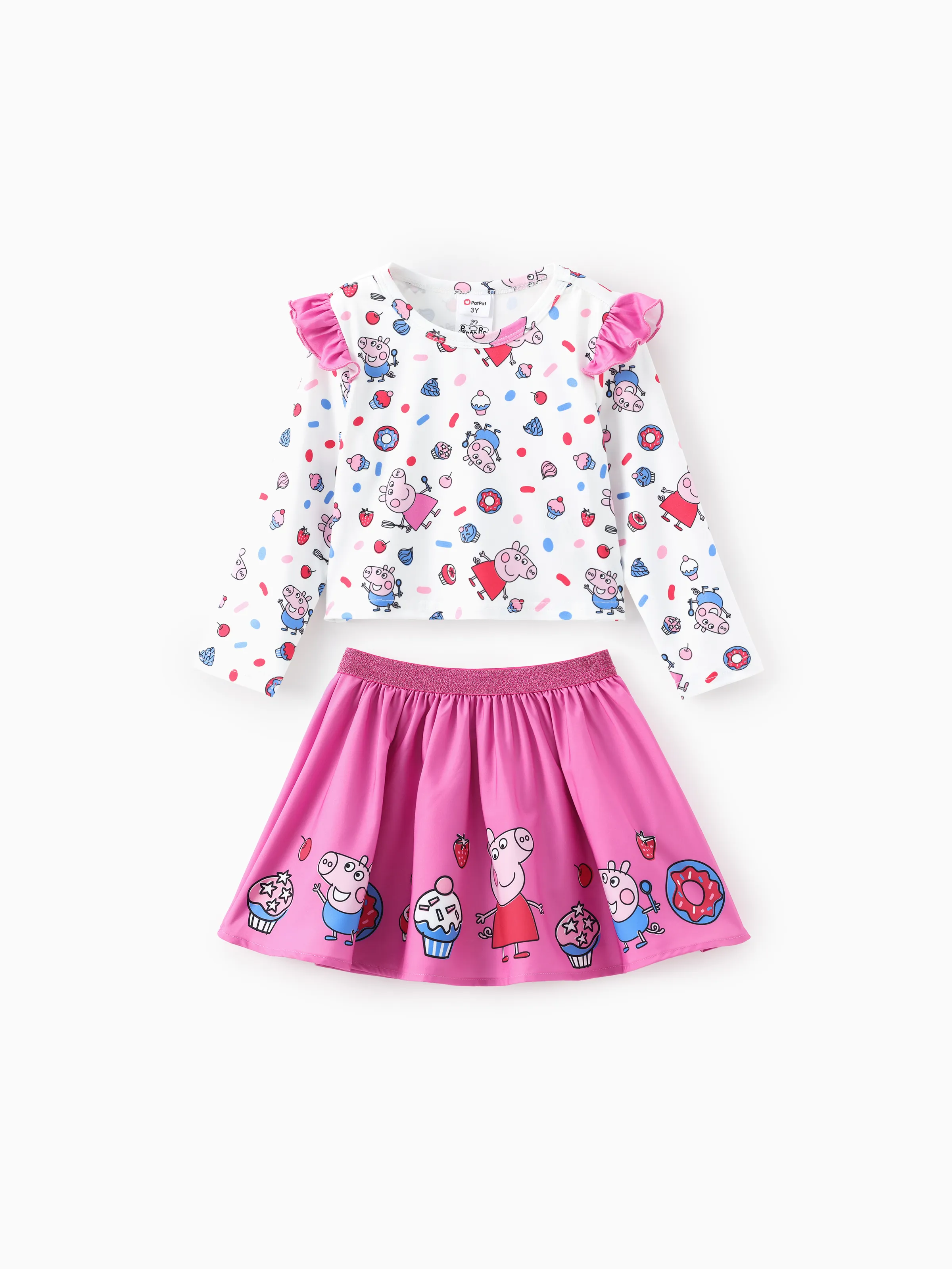 Peppa Pig Niña Pequeña 2pcs Strawberry Donuts Flutter Camiseta de manga larga con conjunto de falda 