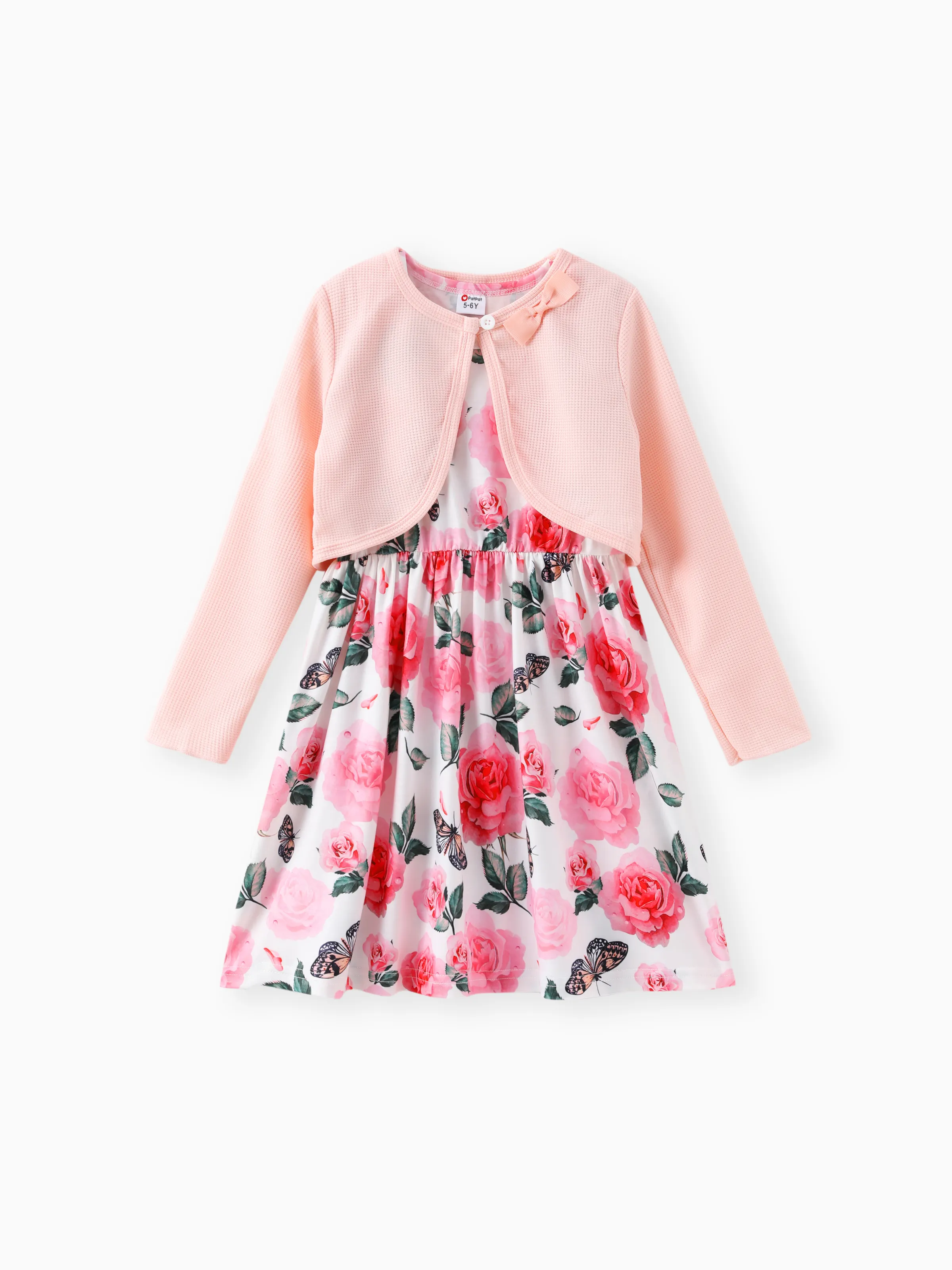 2pcs Kid Girl Floral Print Sleeveless Dress and Bowknot Design Cardigan Set