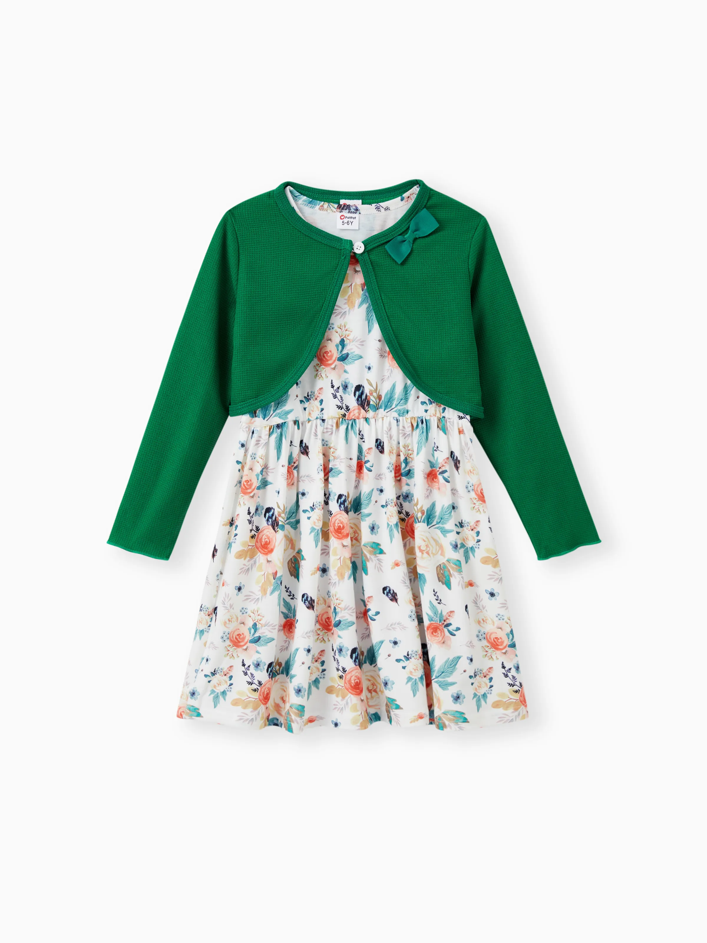

2pcs Kid Girl Floral Print Sleeveless Dress and Bowknot Design Cardigan Set