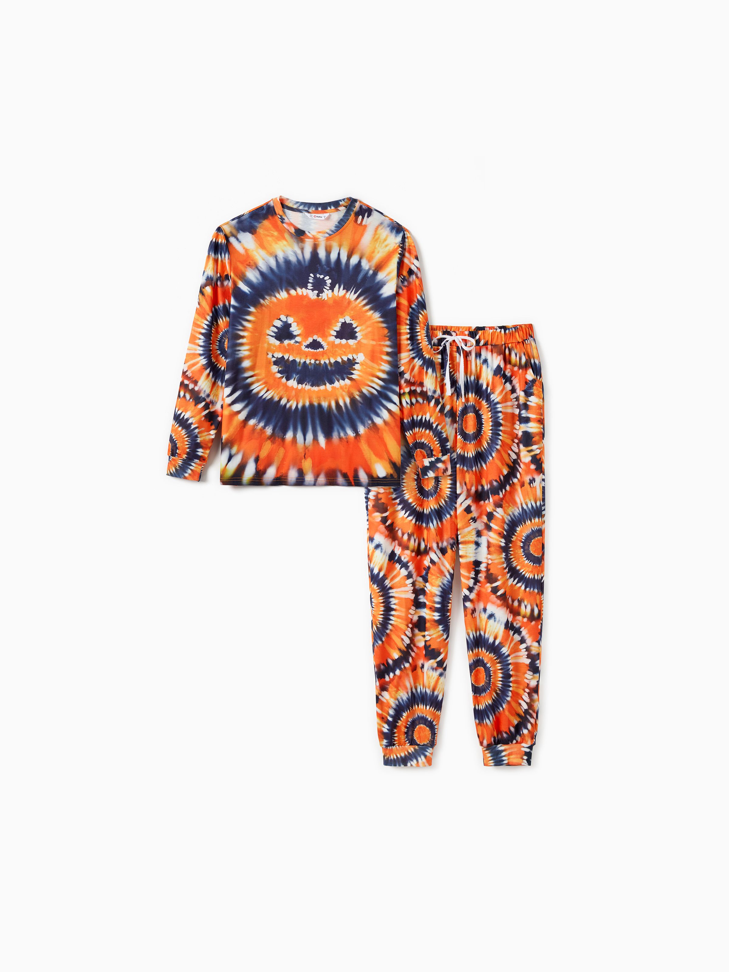 

Halloween Family Matching Orange Pumpkin Tie-Dye Long Sleeve Pajama Sets with Drawstring and Pockets (Flame Resistant)