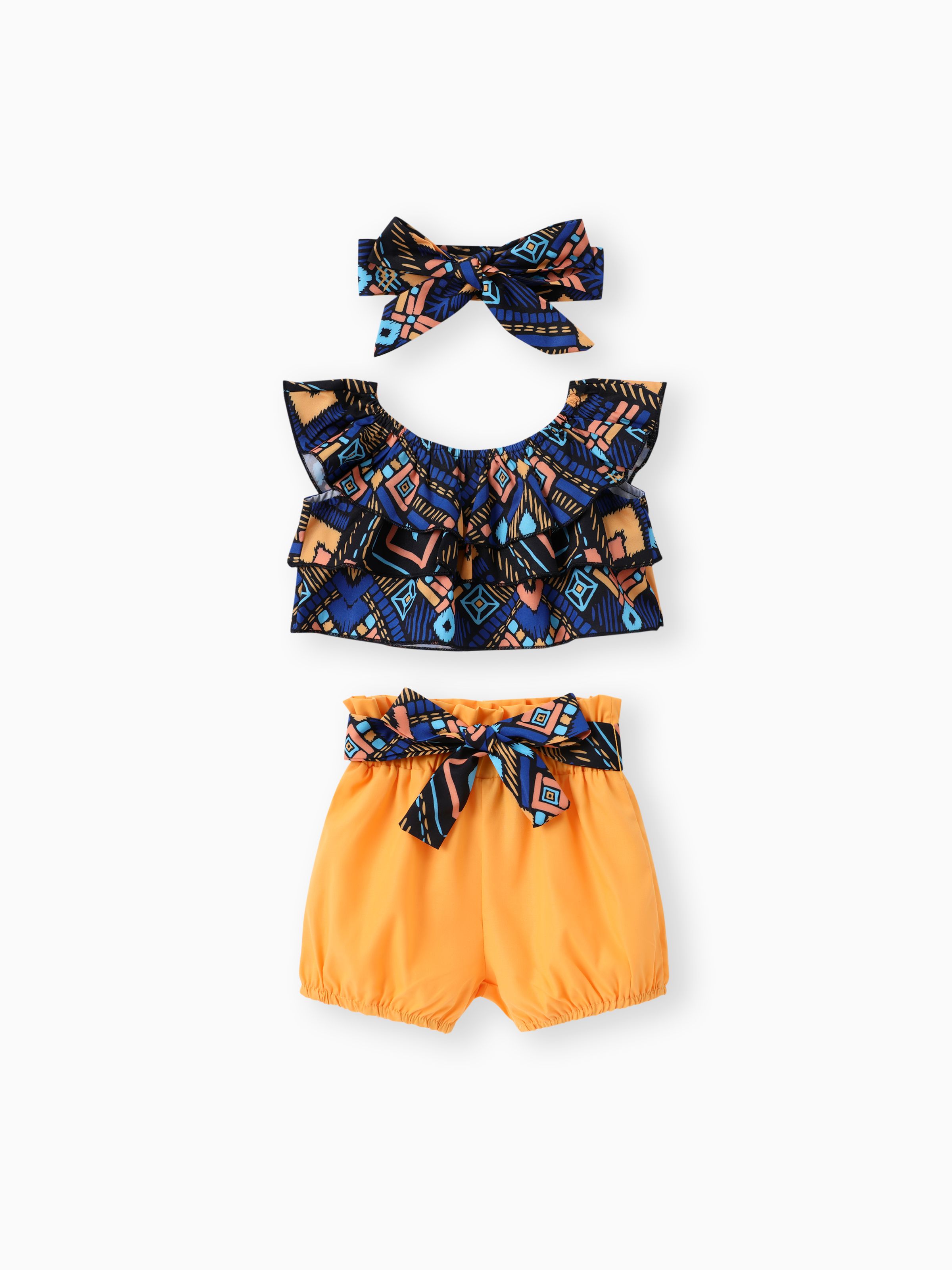 

Sweet 4pcs Baby Girl Set with Geometric Pattern and Ruffle Edge, Cotton and Polyester Blend