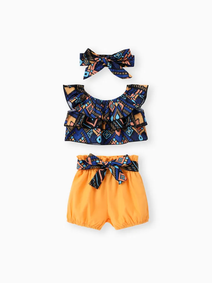 Sweet 4pcs Baby Girl Set com padrão geométrico e borda de babados, mistura de algodão e poliéster
