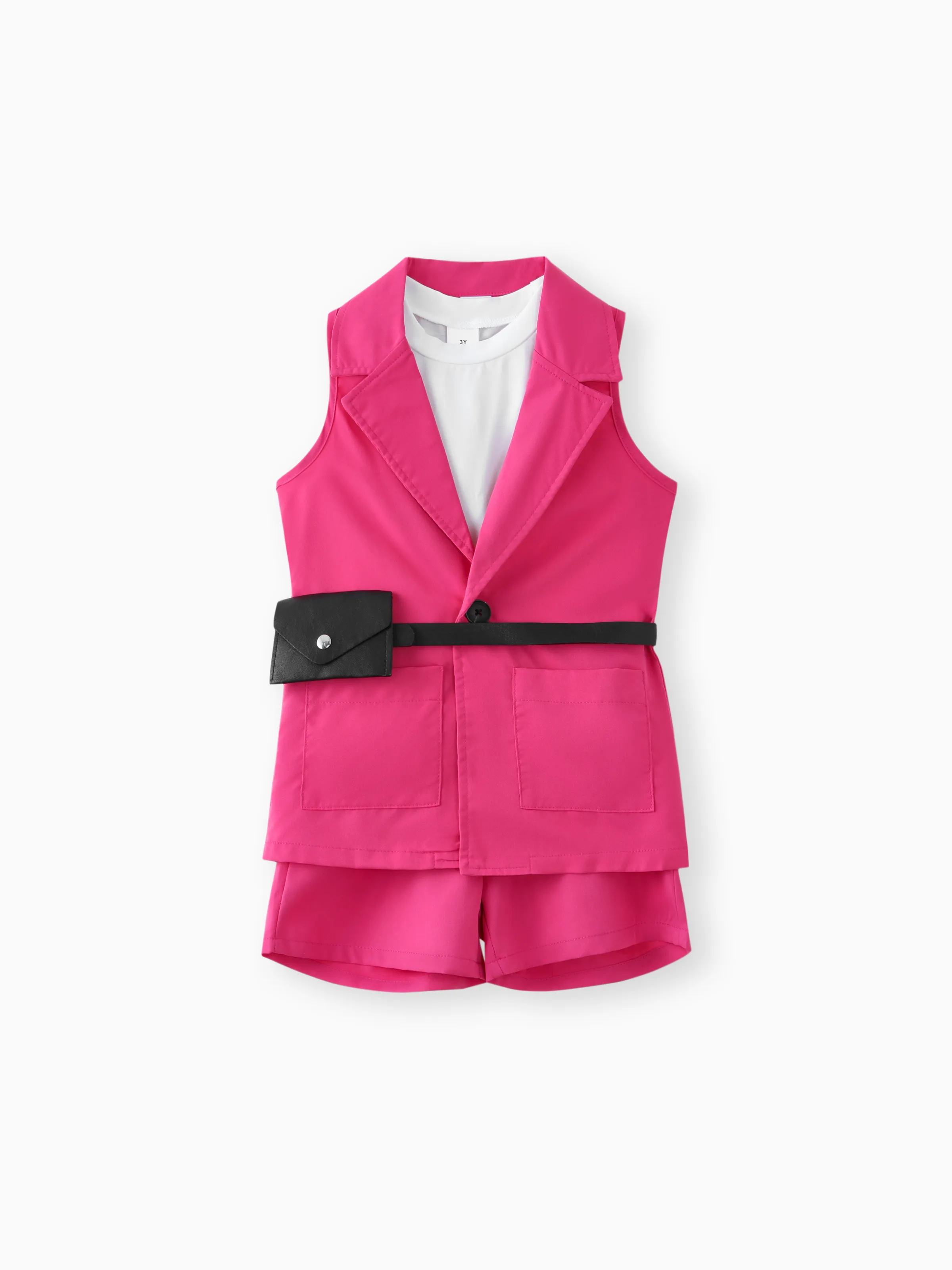 

4pcs Toddler Girl Trendy Sleeveless Tee & Shorts & Lapel Collar Coat and Belted Waist Bag Set