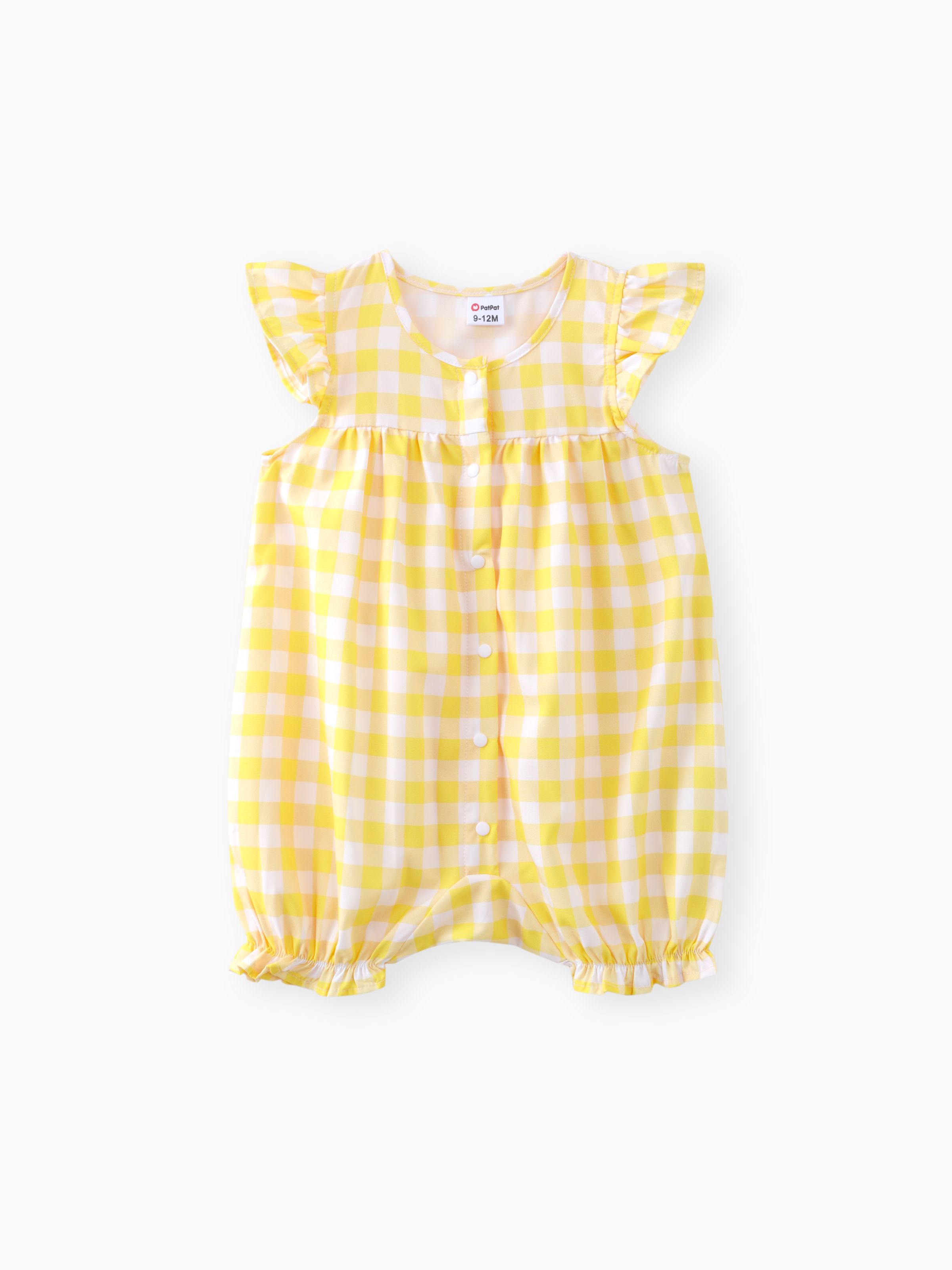 

Baby Girl Allover Yellow Plaid/Lemon Print Flutter-sleeve Snap Romper