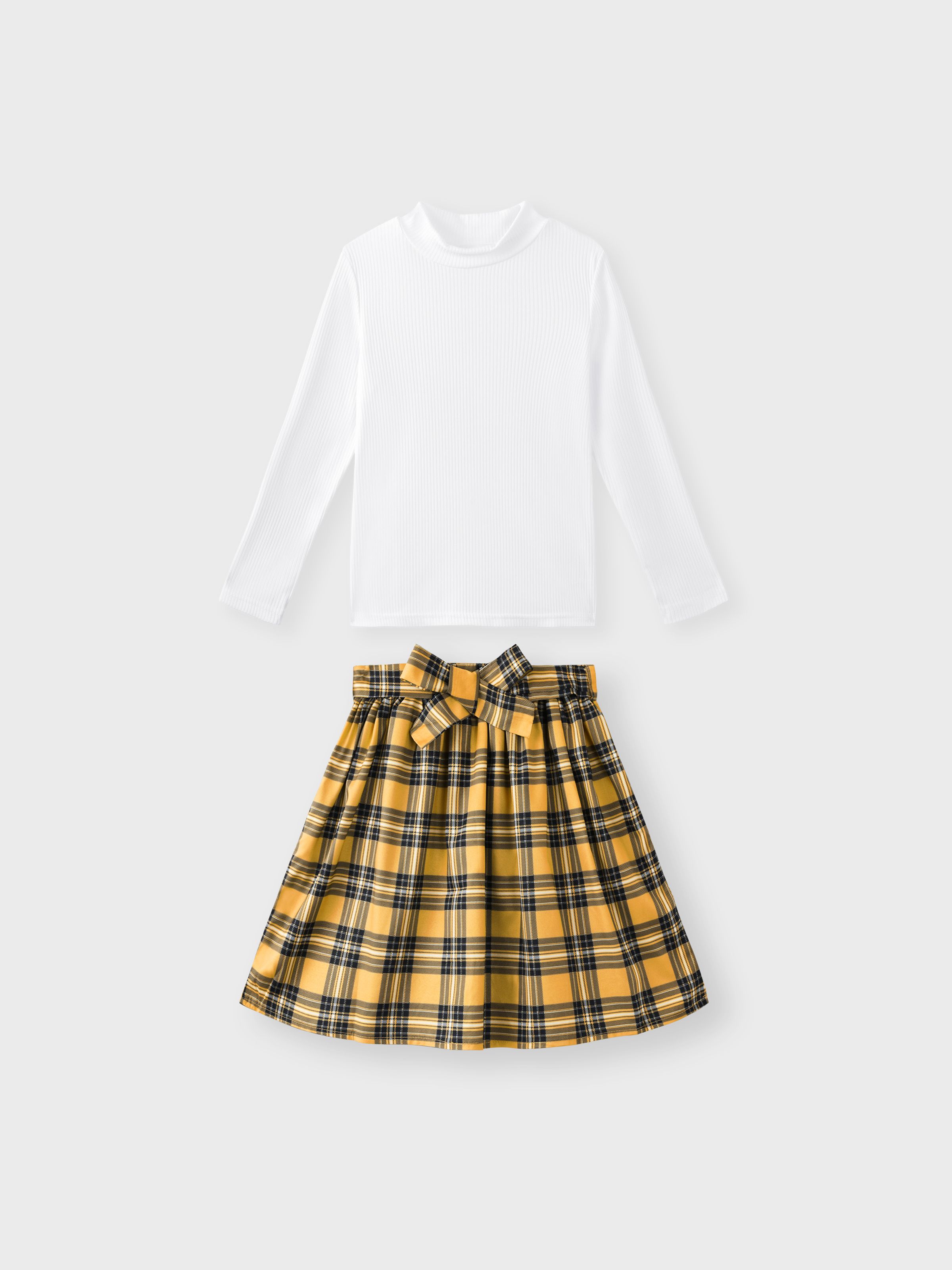 

2pcs Kid Girl Ribbed Mock Neck Long-sleeve White Tee and Plaid Belted Skirt Set
