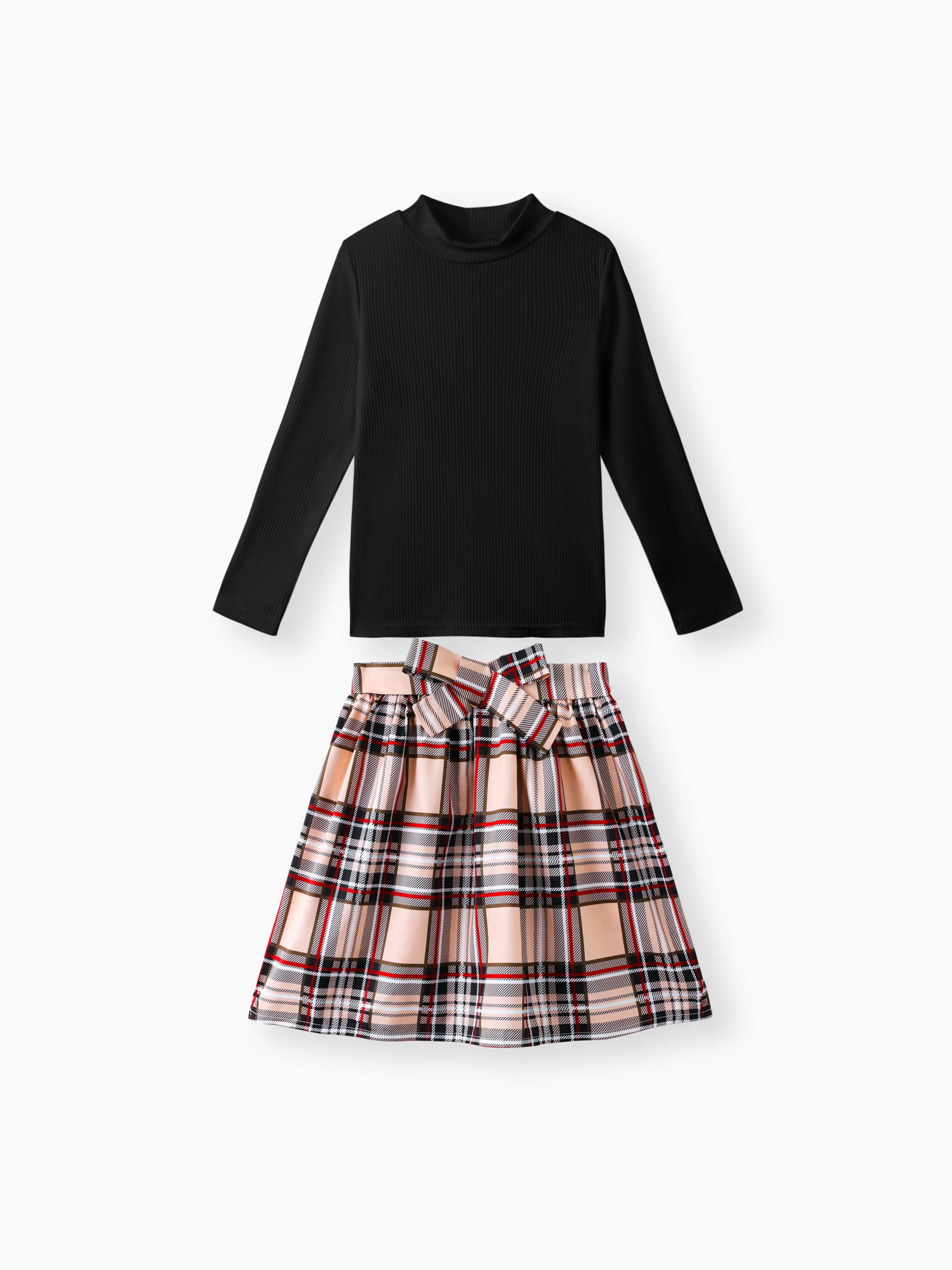 

2pcs Kid Girl Ribbed Mock Neck Long-sleeve White Tee and Plaid Belted Skirt Set